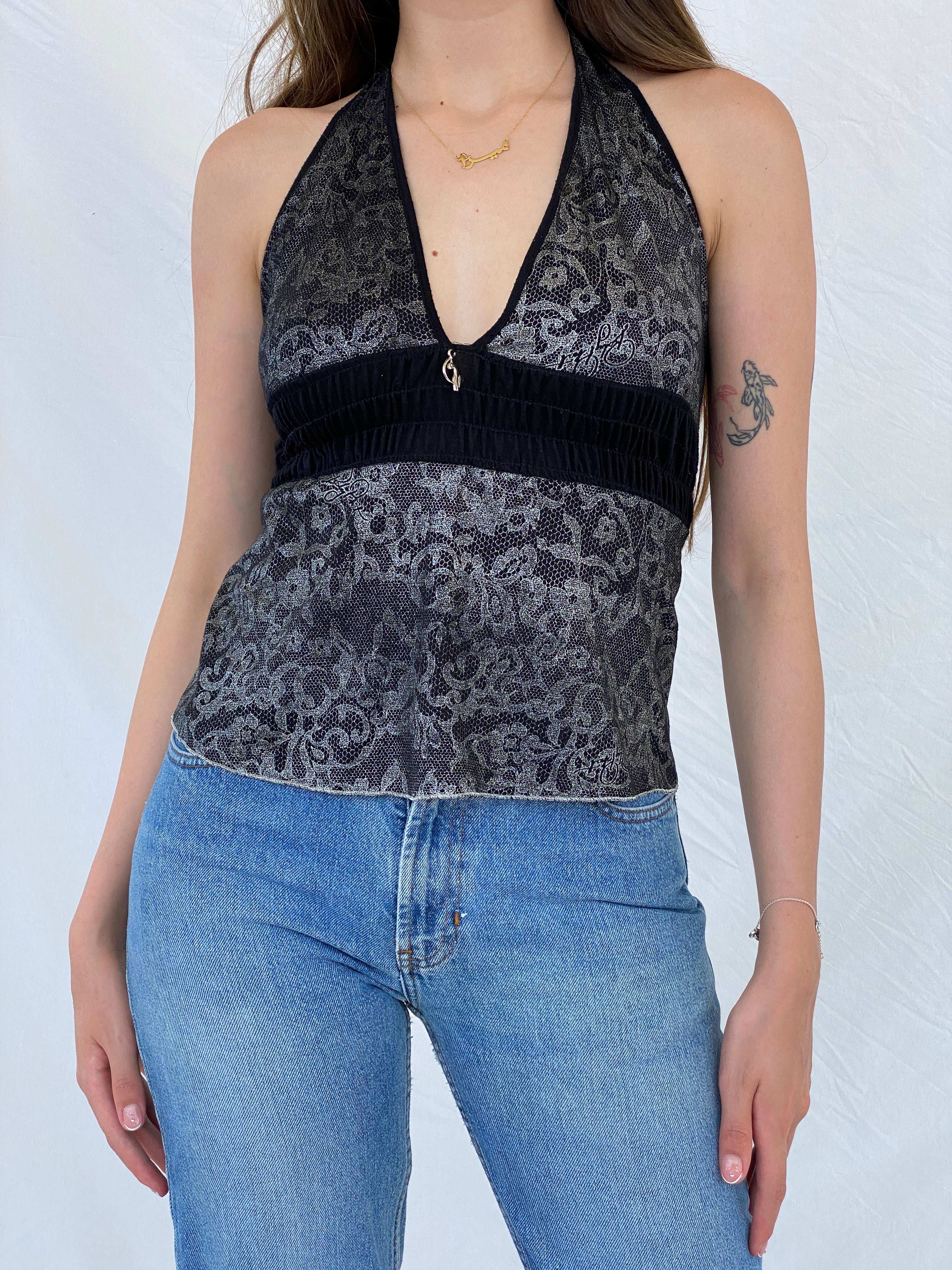 Vintage 90s/00s Baby Phat Black and Silver Floral Halter Top - M - Balagan Vintage Halter Top 00s, 90s, halter top, Mira, NEW IN, shimmer