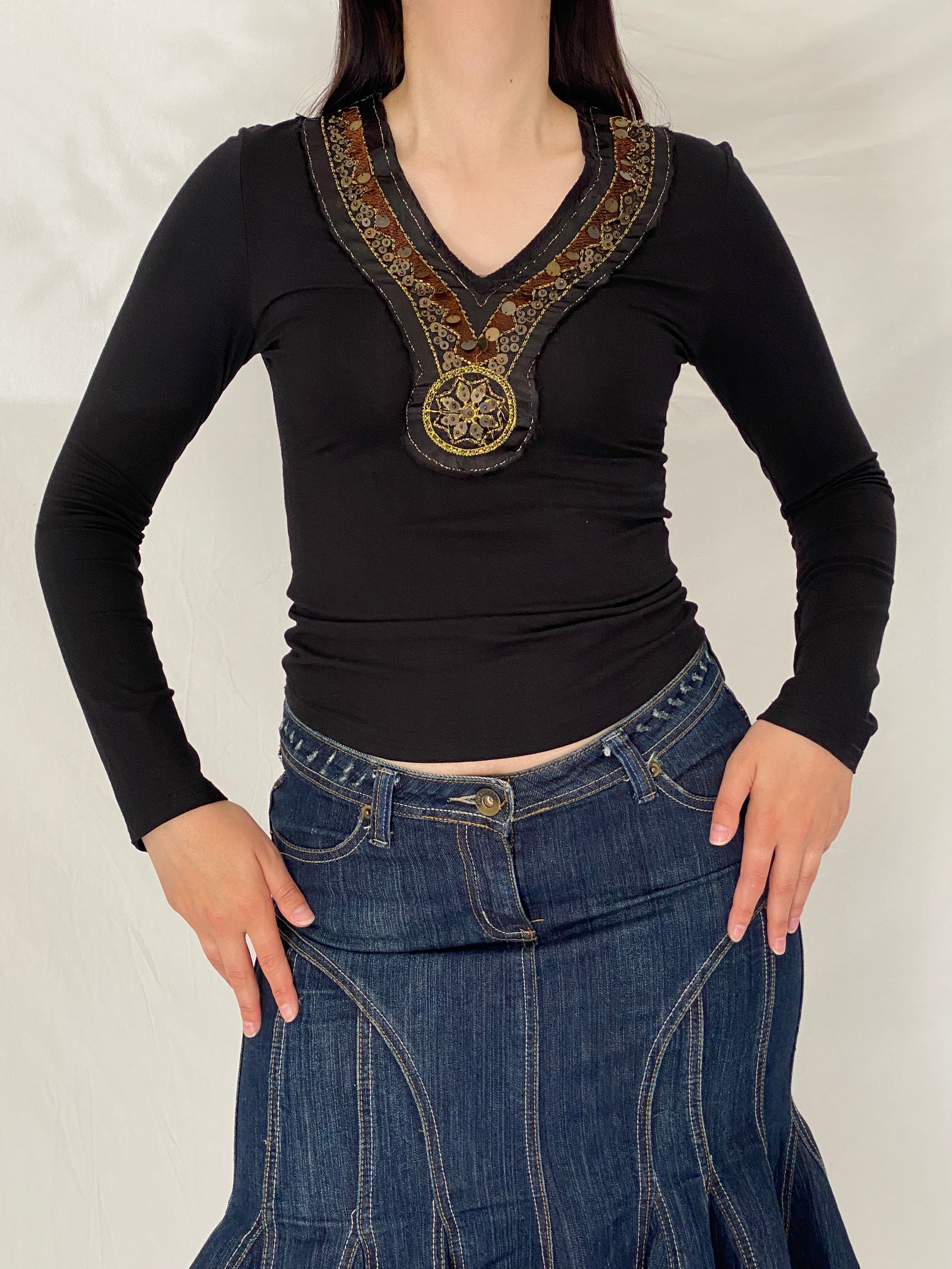Vintage NOTE Black Embellished V-Neck Top Y2K Boho Stretch Long Sleeve Blouse - S