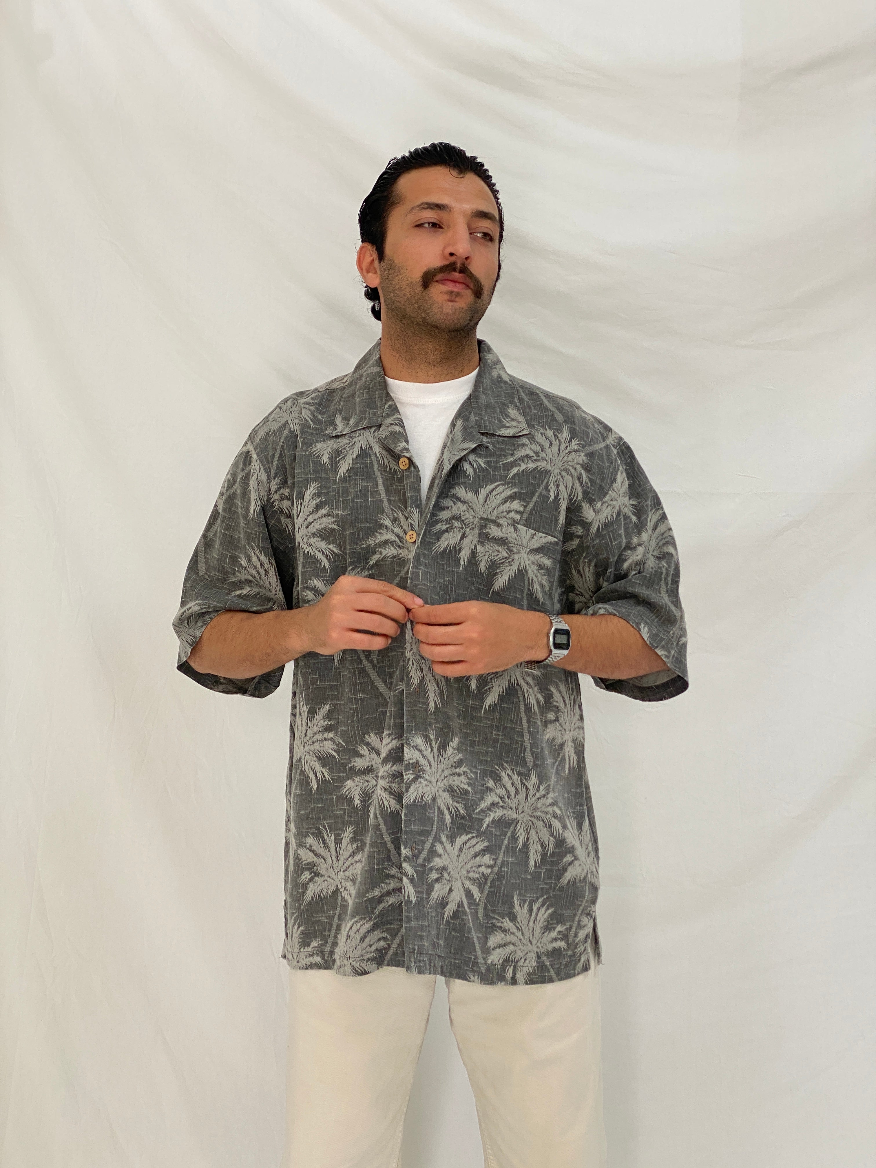 Vintage Jamaica Jaxx Grey Palm Tree Silk Men’s Vacation Shirt – L