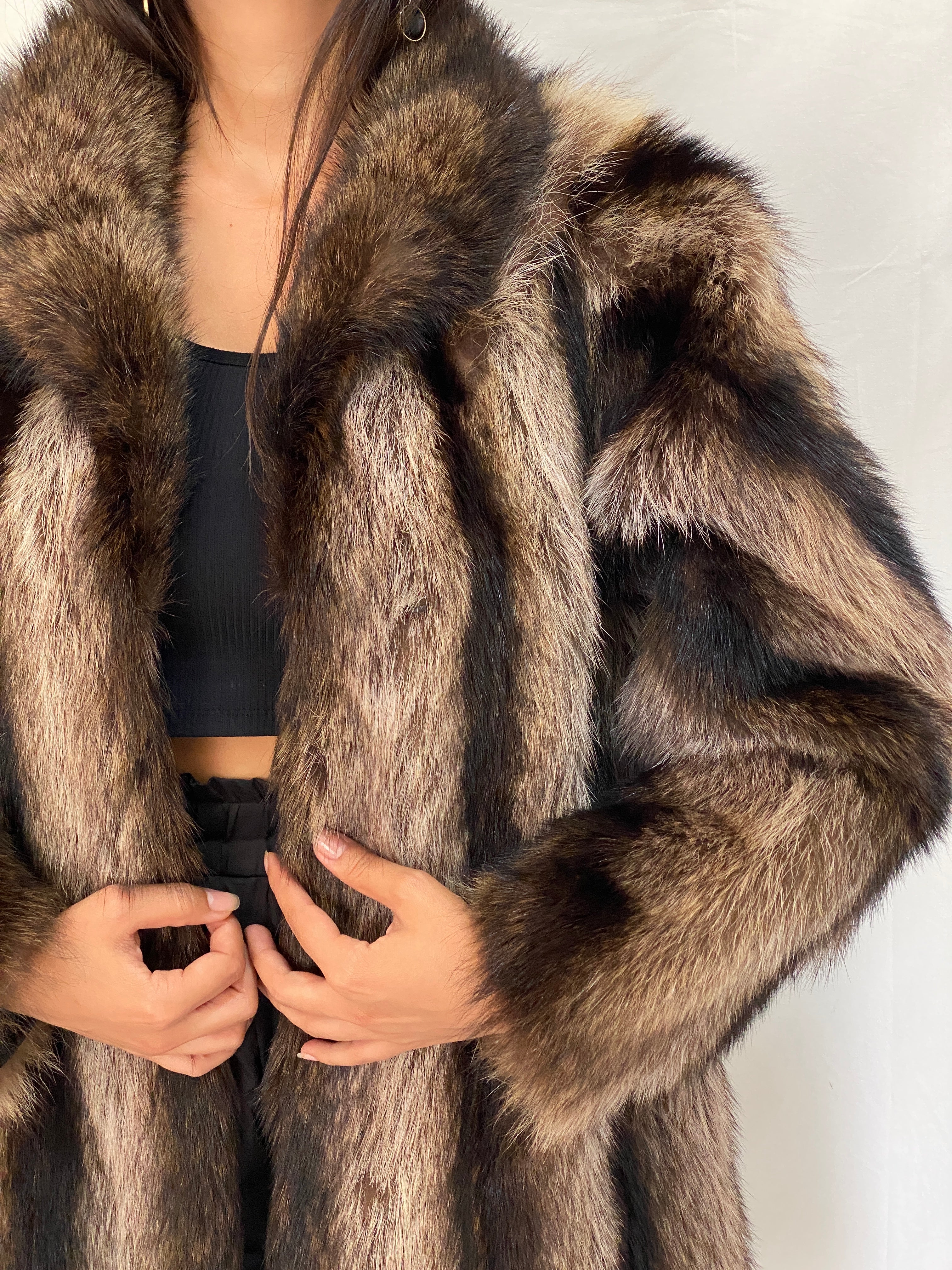Vintage Real Fur Striped Brown & Black Coat Luxurious Genuine Raccoon Fur Winter Jacket - M