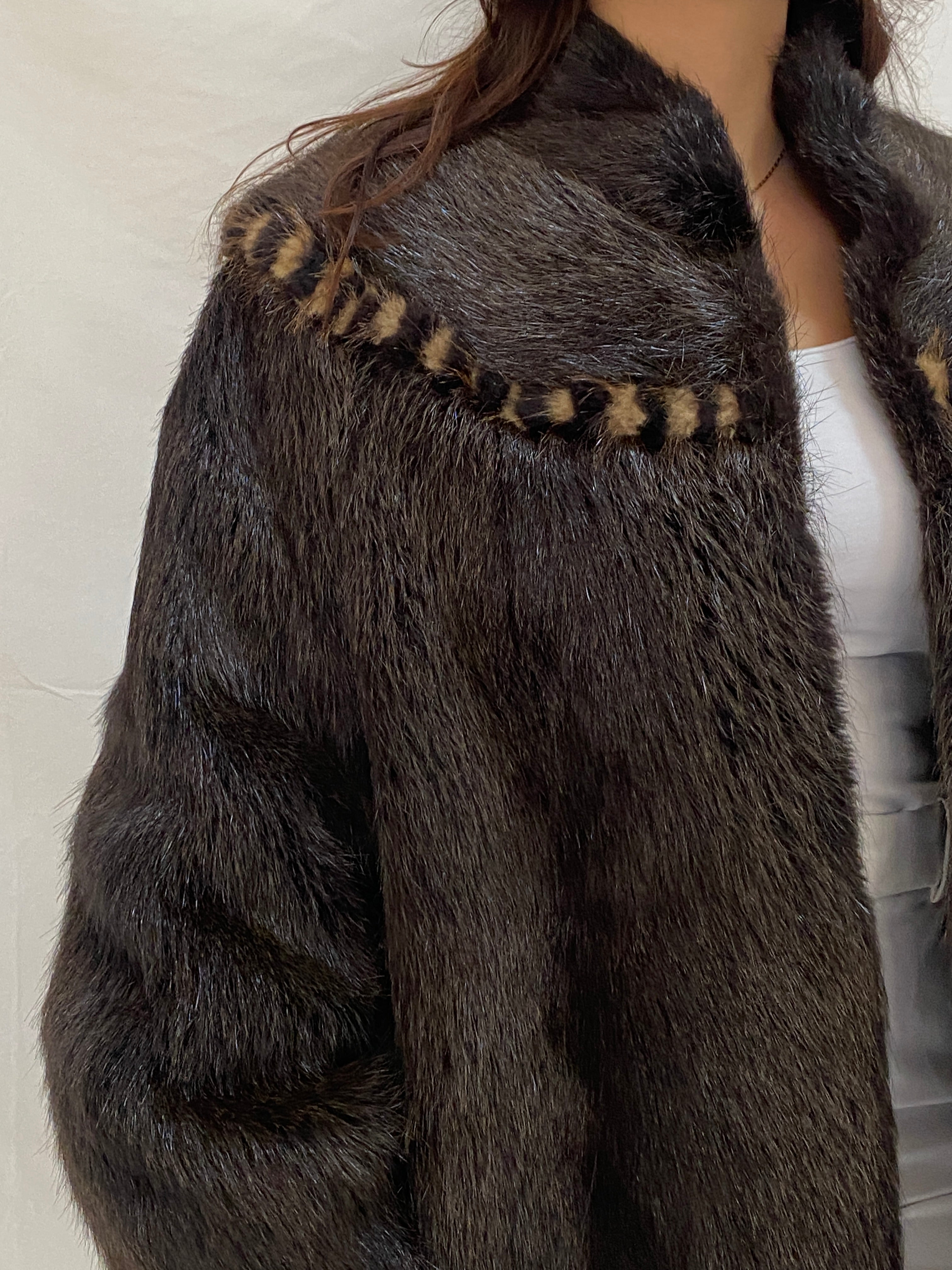 Vintage Real Raccoon Fur Coat Dark Brown Long-Hair Luxury Winter Jacket - L