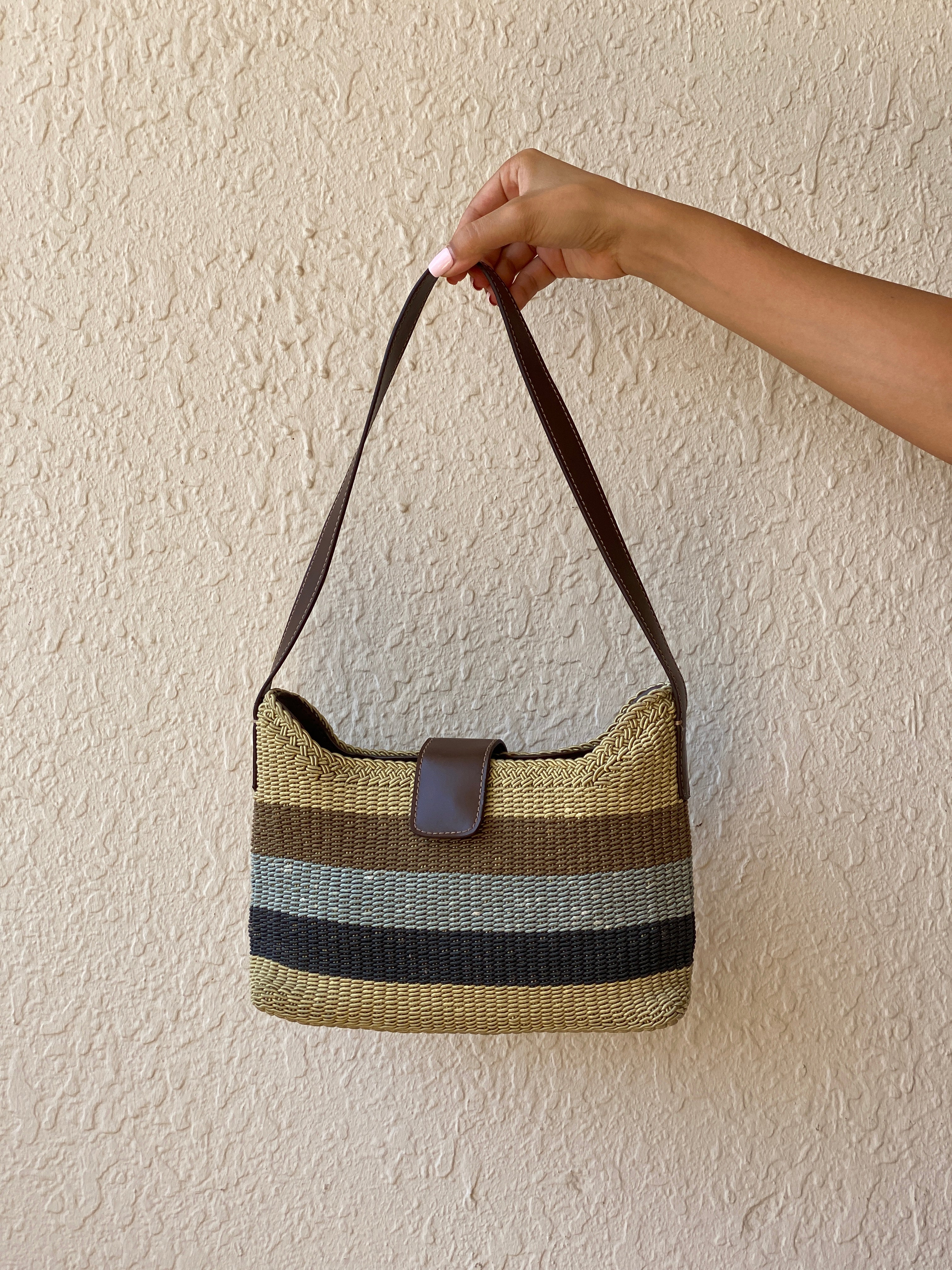 Vintage Y2K Liz Claiborne Neutral Striped Woven Shoulder Bag