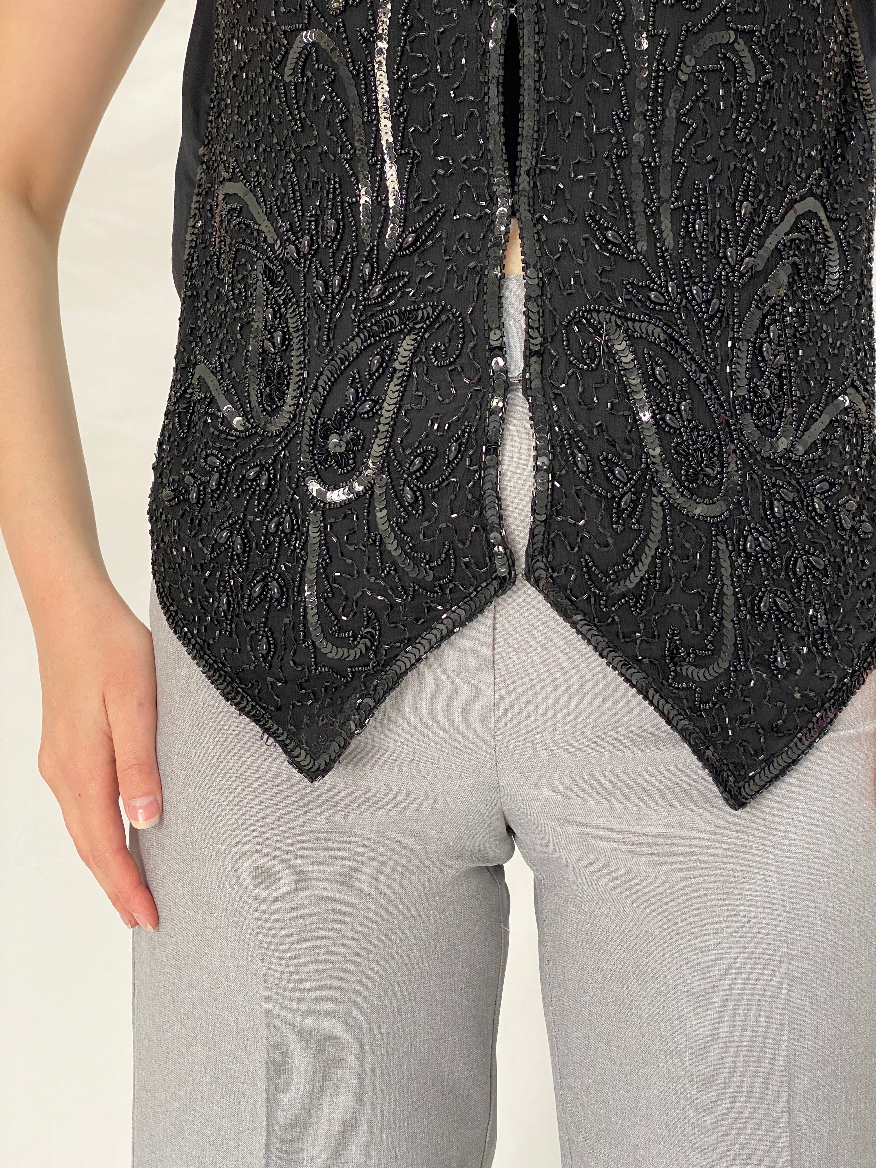 Vintage 90s Diamond Collection Black Beaded & Sequined Evening Silk Vest Art Deco Glam - L