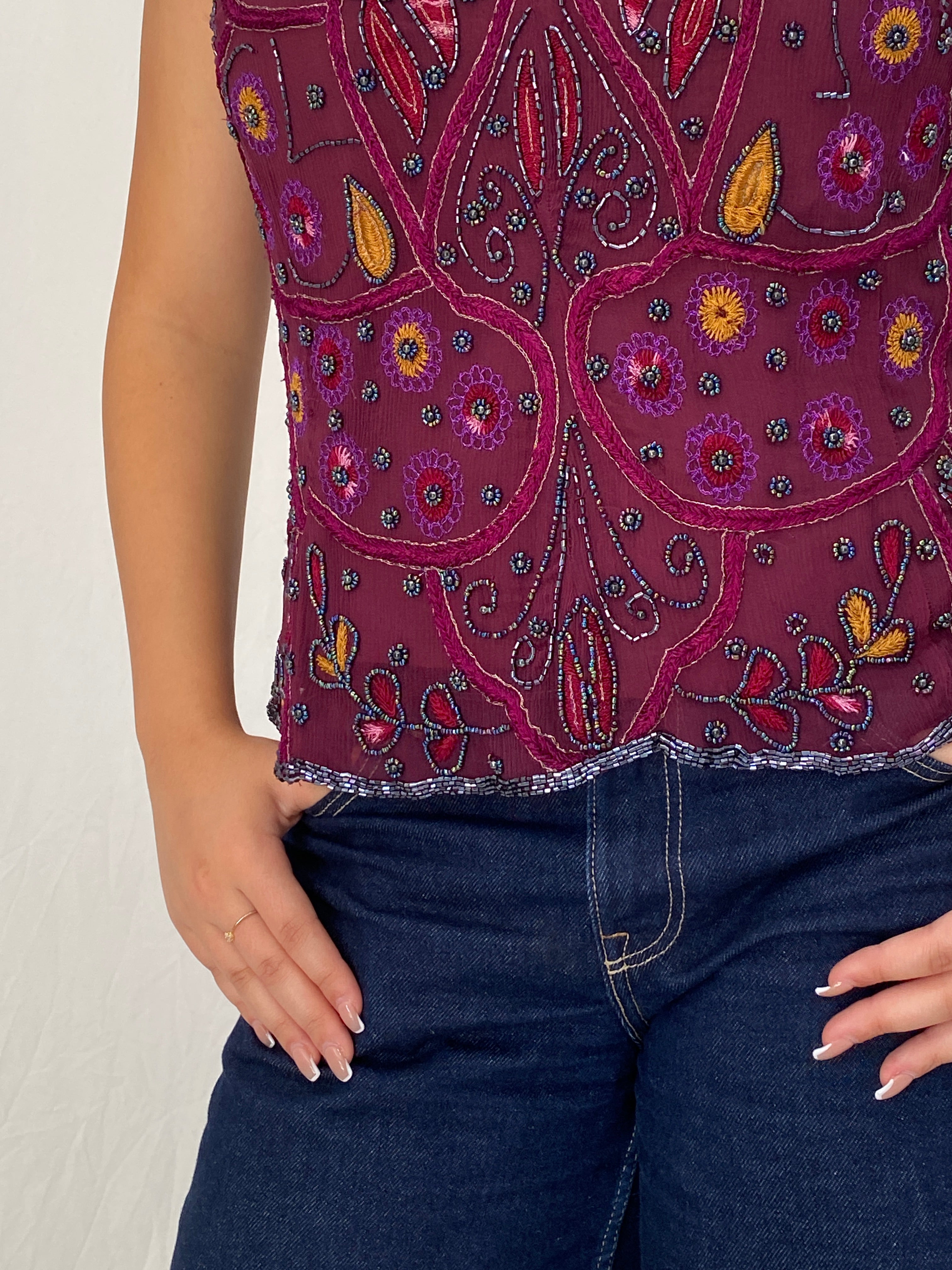 Vintage Beaded Embroidered Burgundy Handmade Evening Top - L