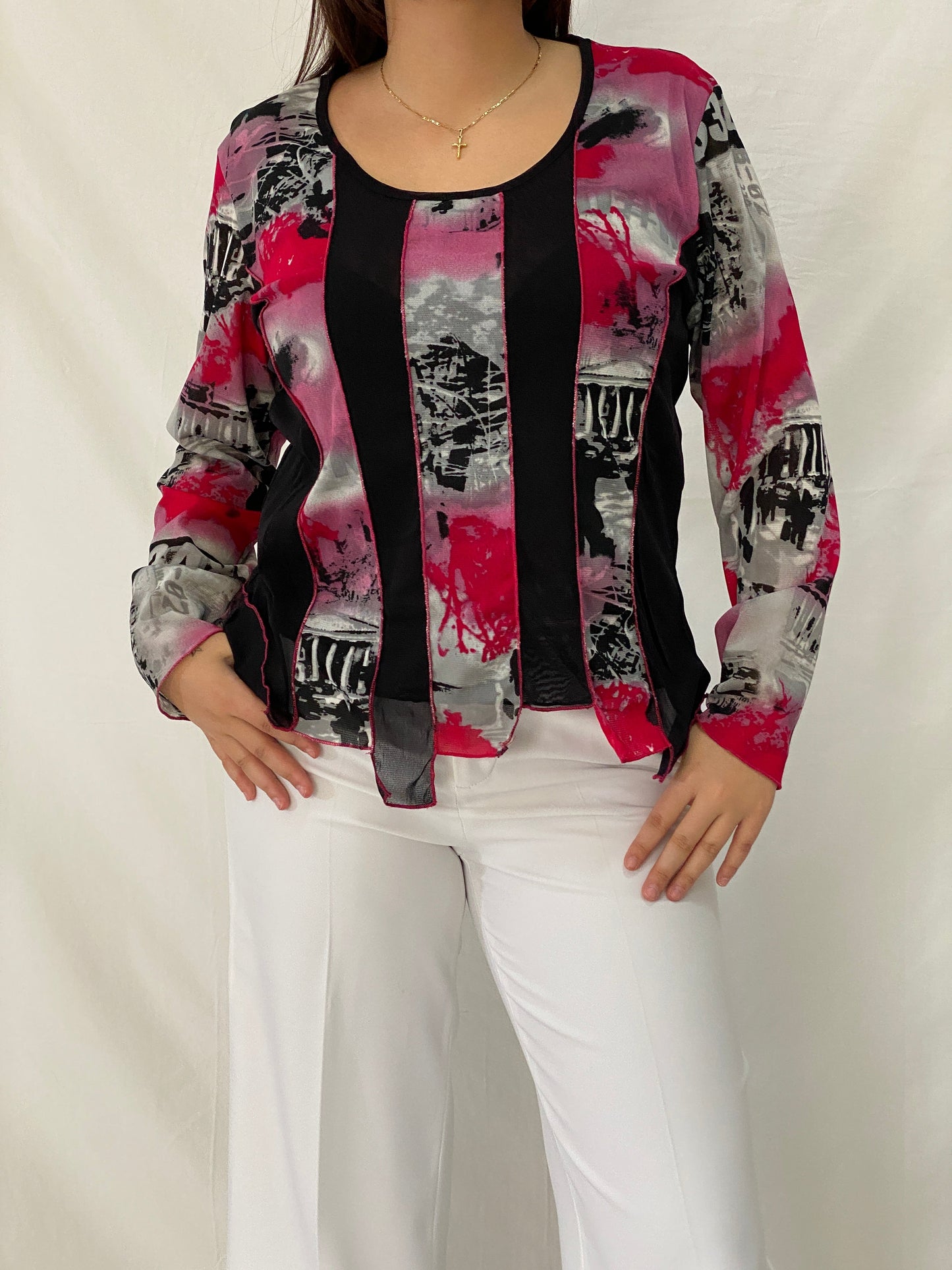 Vintage WARWICK JONES Black & Pink Striped Graphic Mesh Top - L