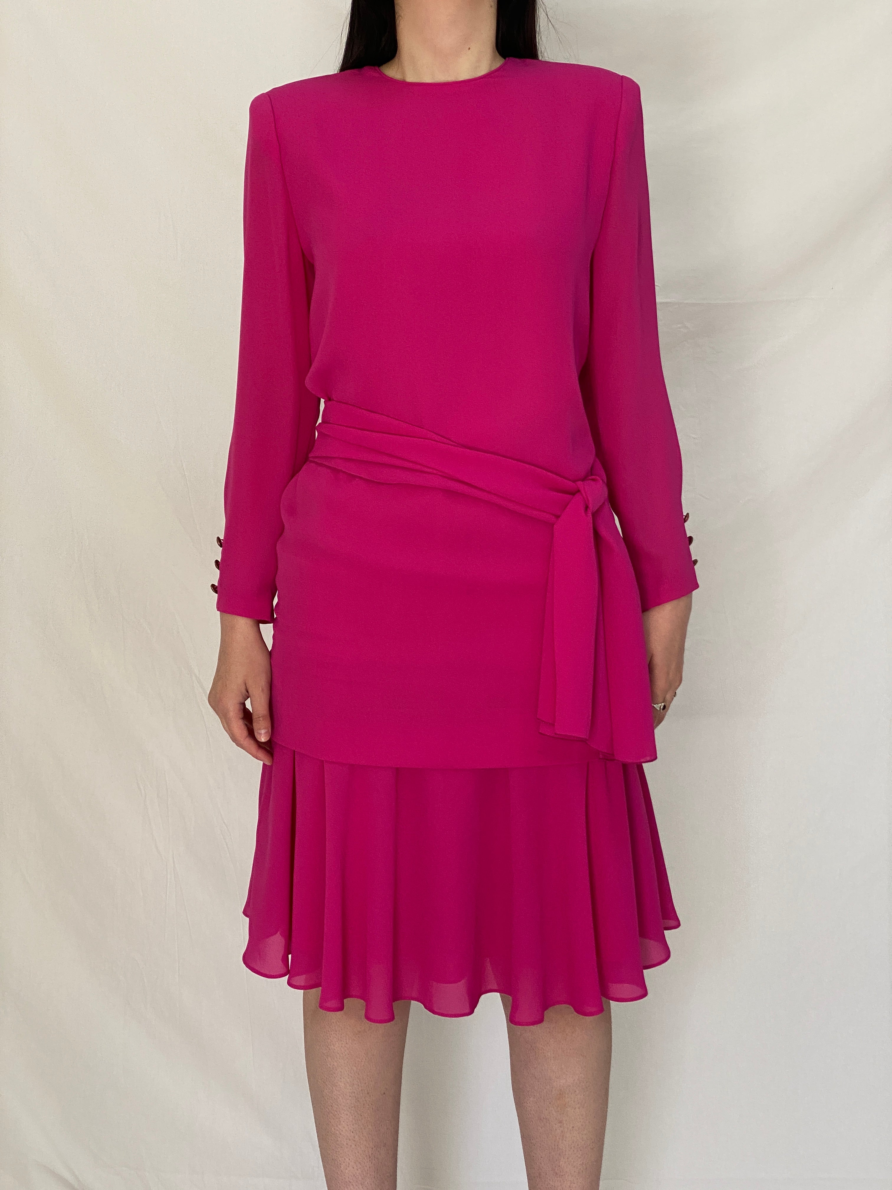 Vintage 80s Henry-Lee Hot Pink Statement Shoulder Mini Dress - S