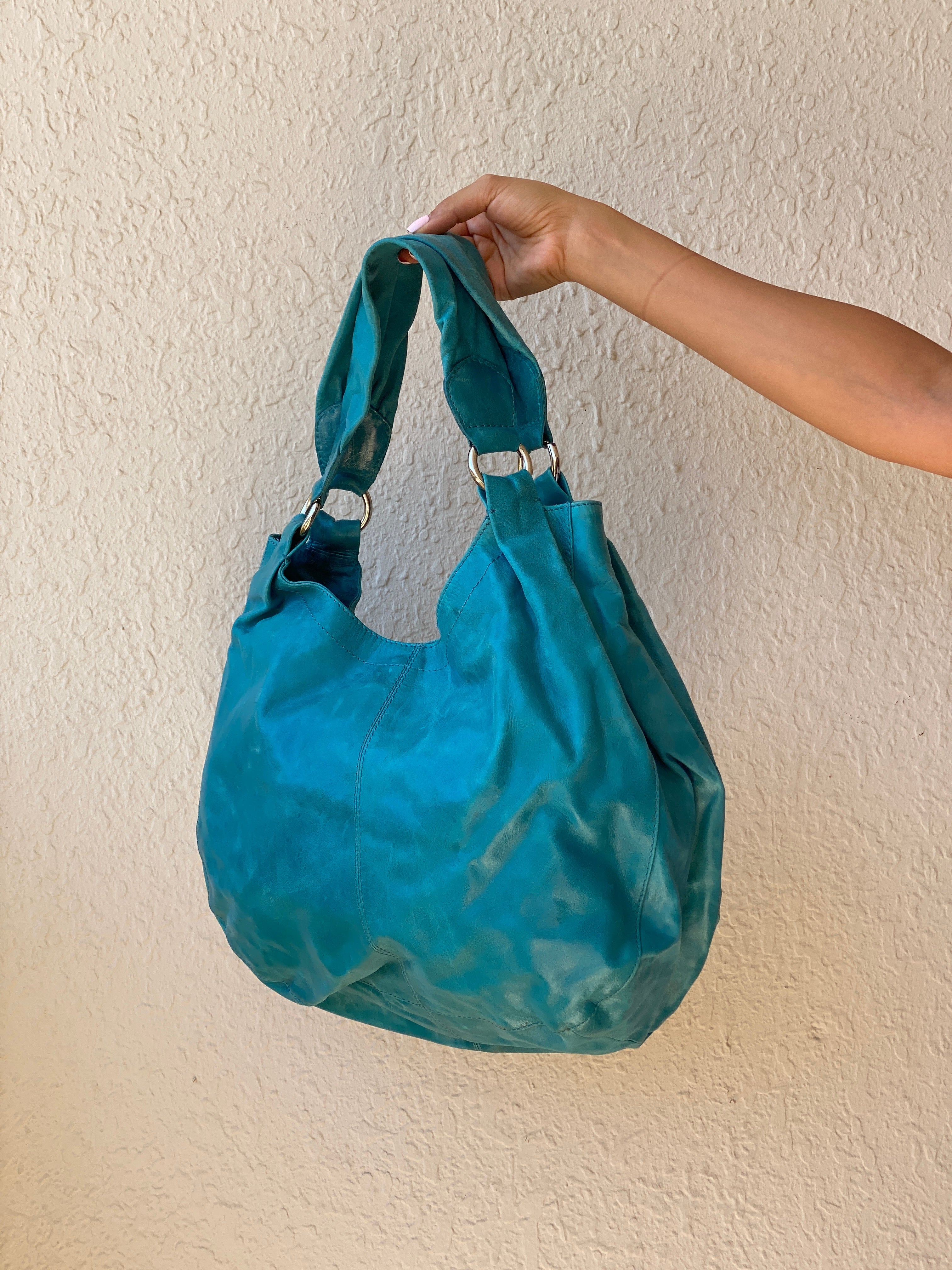 Vintage Y2K Bejin Korf Turquoise Genuine Leather Slouchy Hobo Shoulder Bag