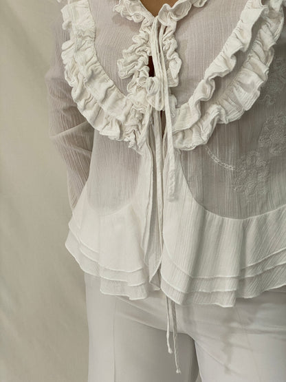 Vintage Y2K White Ruffled Sheer Cardigan Tie Front Romantic Fairy Grunge Blouse - L