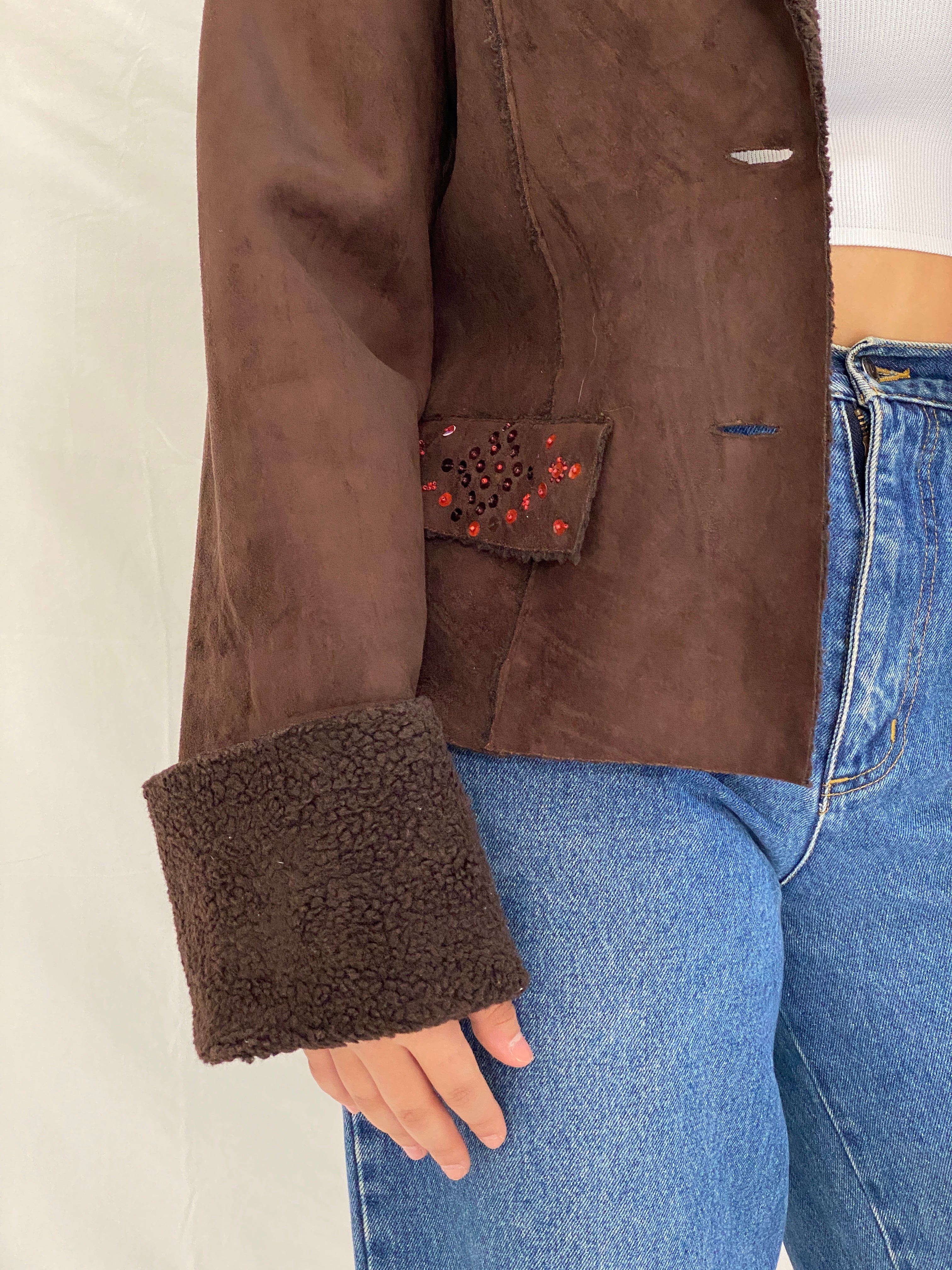 Y2K Together Brown Faux Suede Teddy Trim Jacket - L