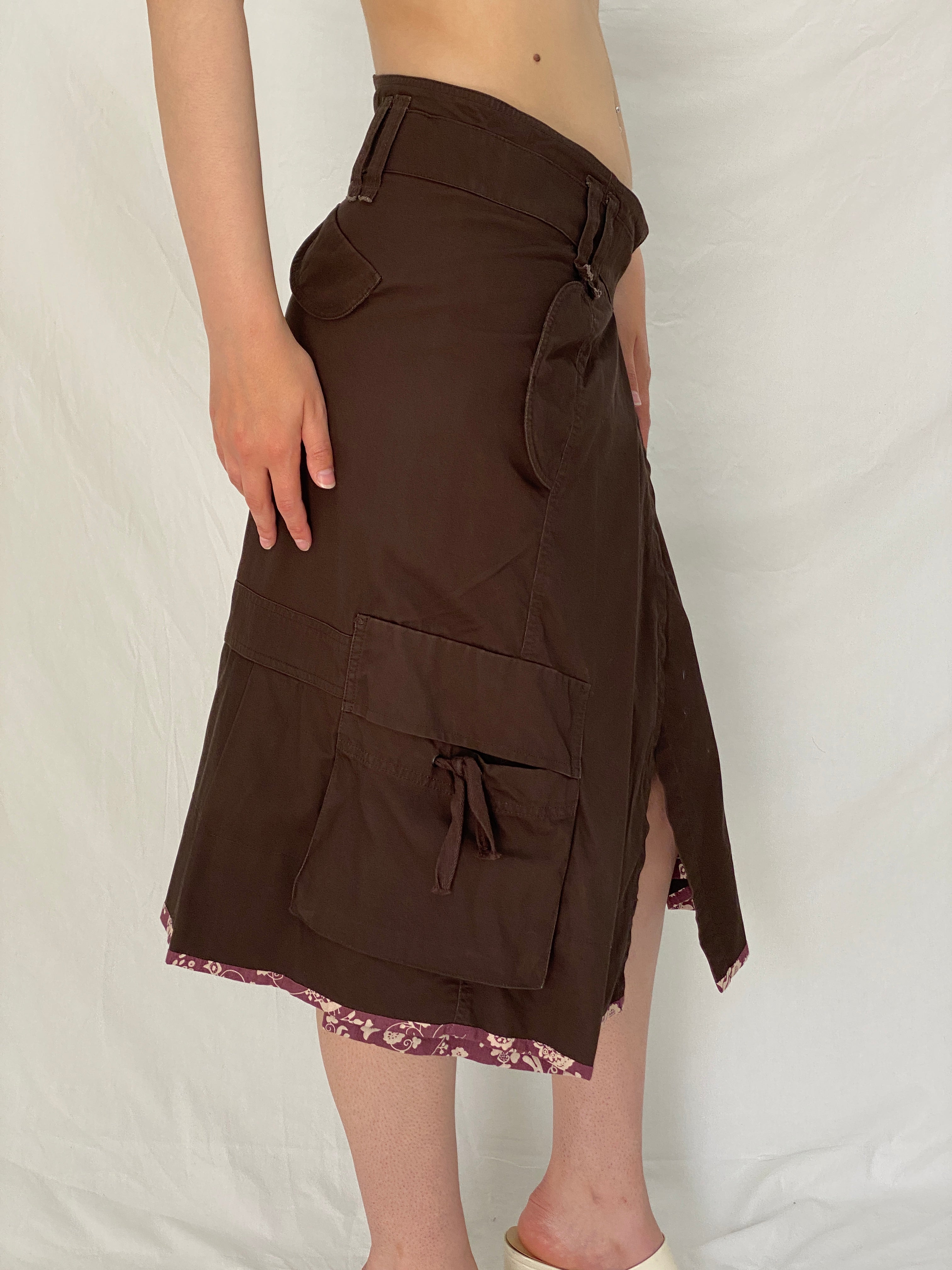 Vintage IKKS Brown Utility Wrap Asymmetric Cargo Midi Skirt – M