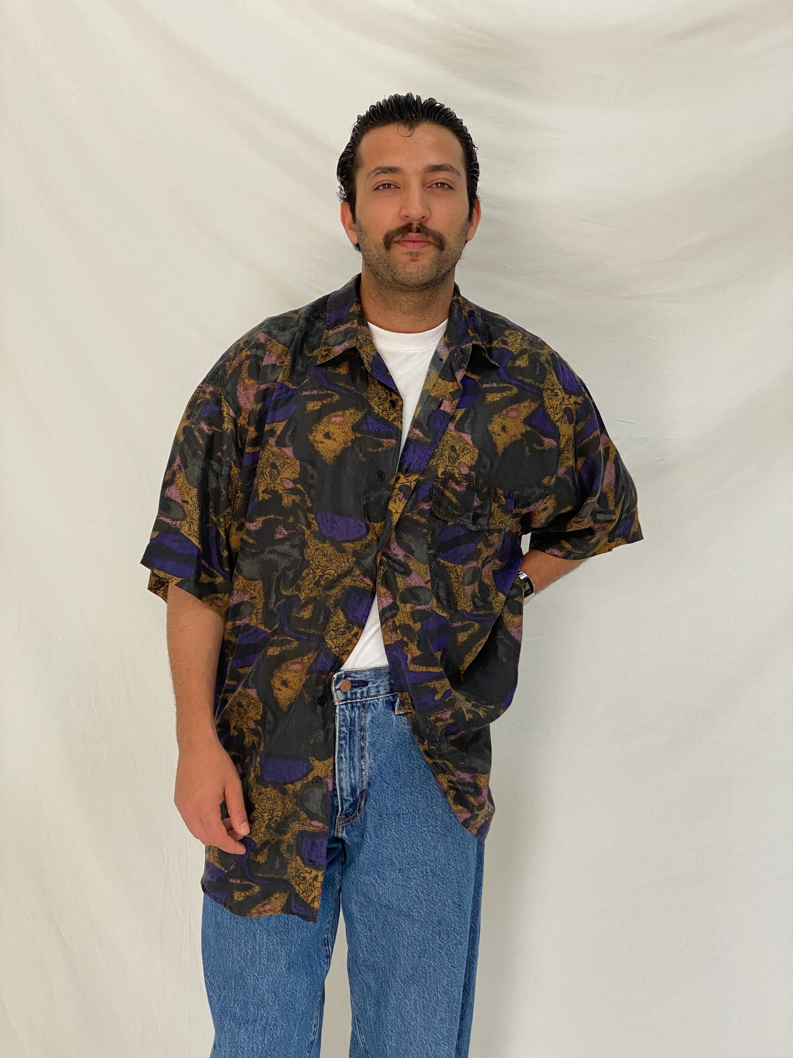 Vintage 90s Silks Stone Original Abstract Print Silk Black Purple Shirt – XL