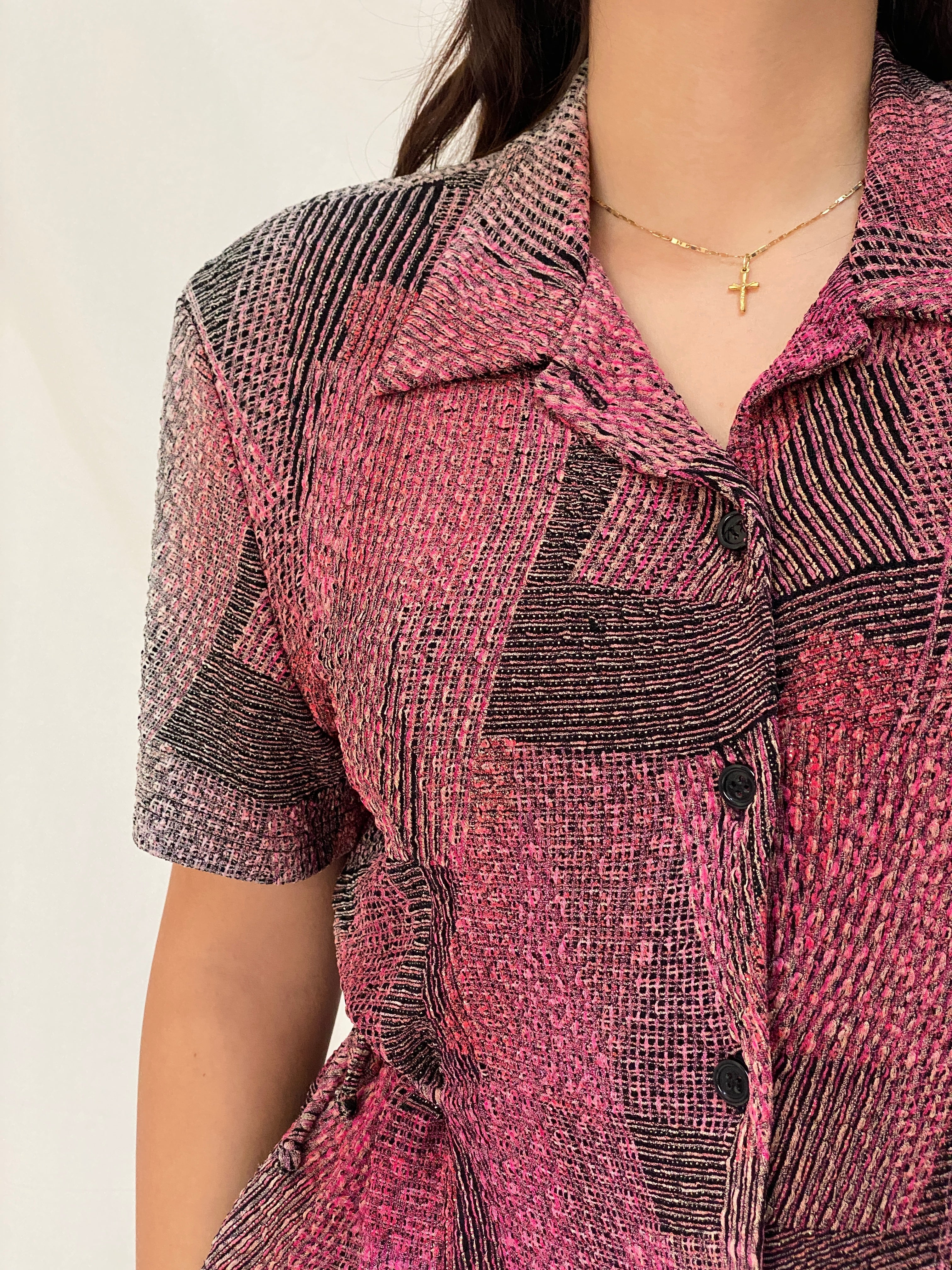 Vintage Positive Attitude Abstract Pink Button-Down Blouse Short Sleeve 90s Shirt - XL