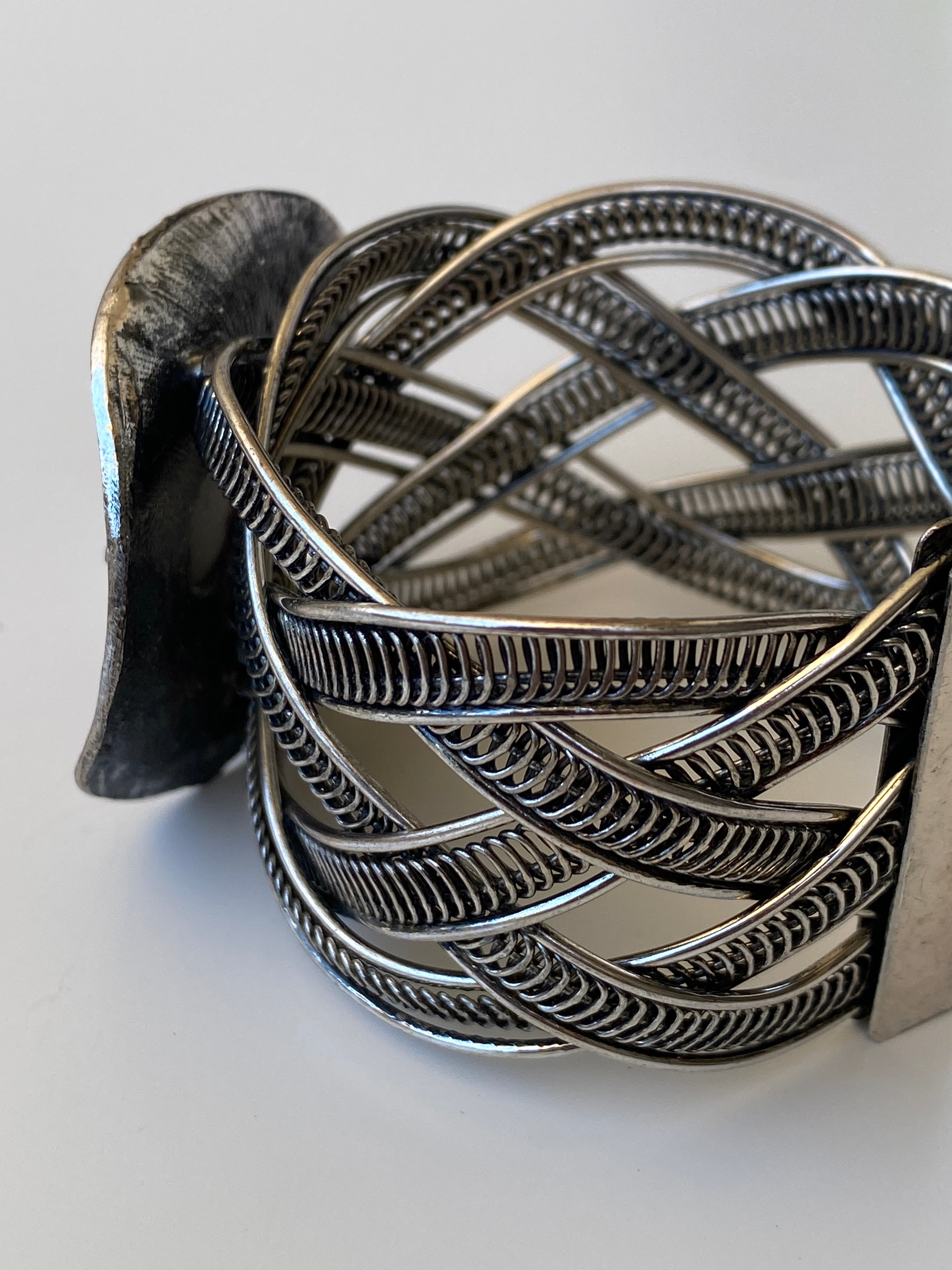 Vintage Tiger Eye Statement Cuff Bracelet Silver Tone Openwork Artisan Bangle