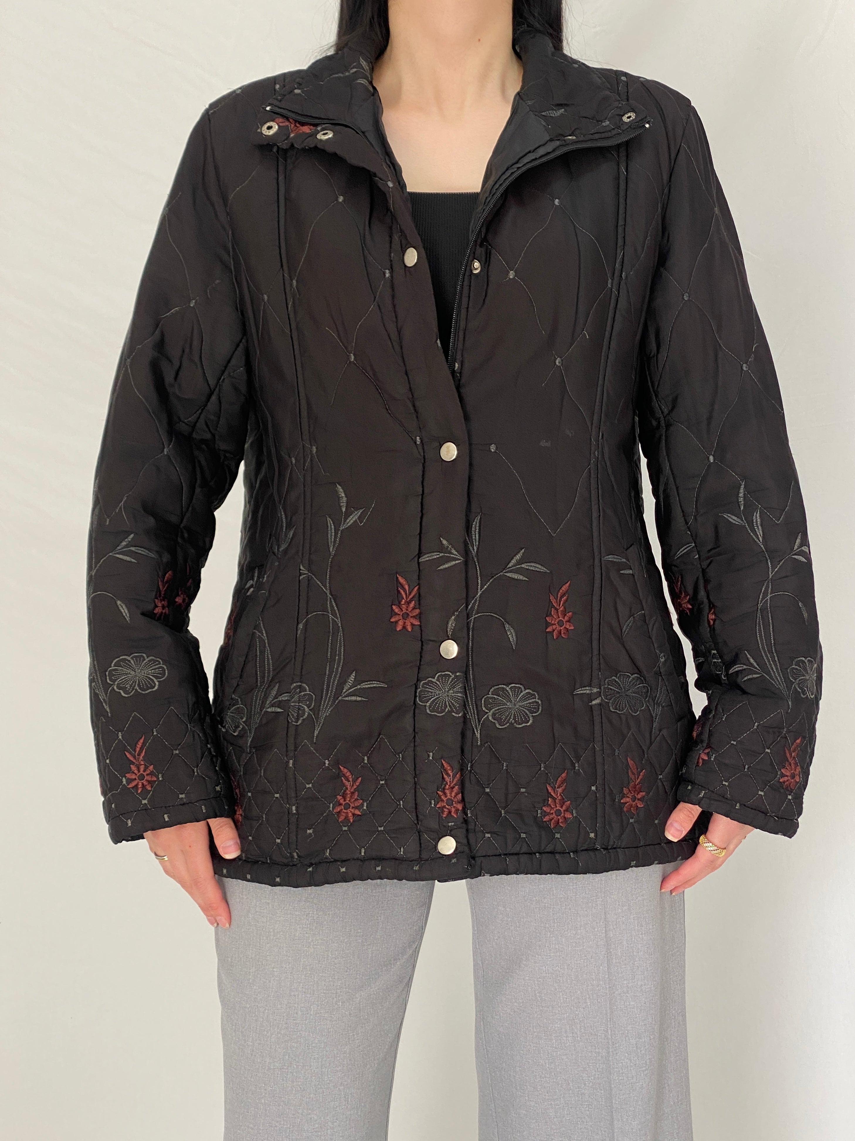 Vintage 90s Motuoren Black Quilted Embroidered Floral Lightweight Padded Jacket Coat - M