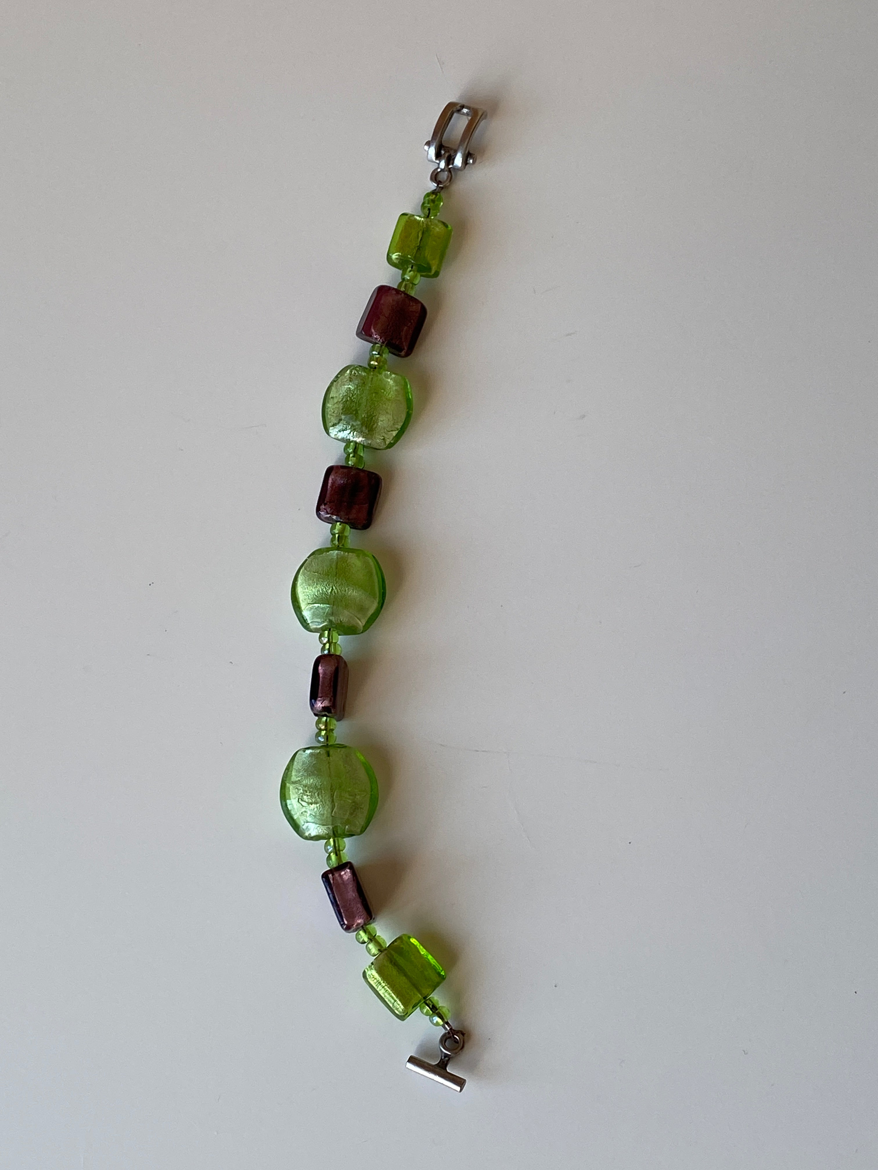 Vintage Lampwork Glass Bead Bracelet Green & Plum Artisan Beads with Toggle Clasp