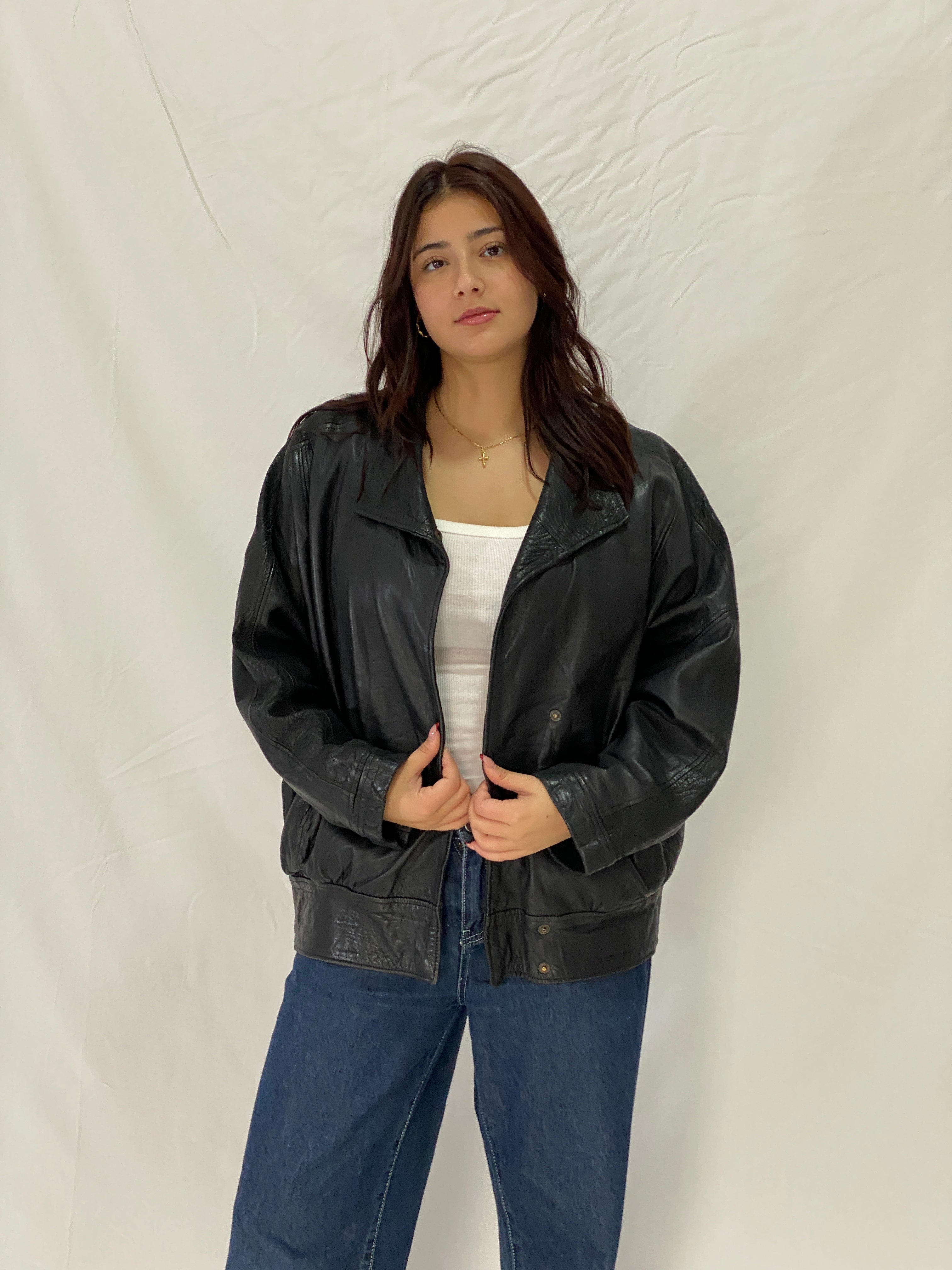 Vintage CAMPOY Black Genuine Leather Jacket Oversized Relaxed Fit Leather Coat - M