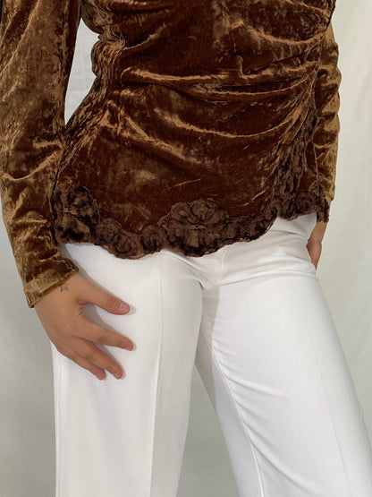 Vintage GEORGEDÉ Paris Brown Crushed Velvet Top Puff Sleeve Wrap Ruched Blouse - M