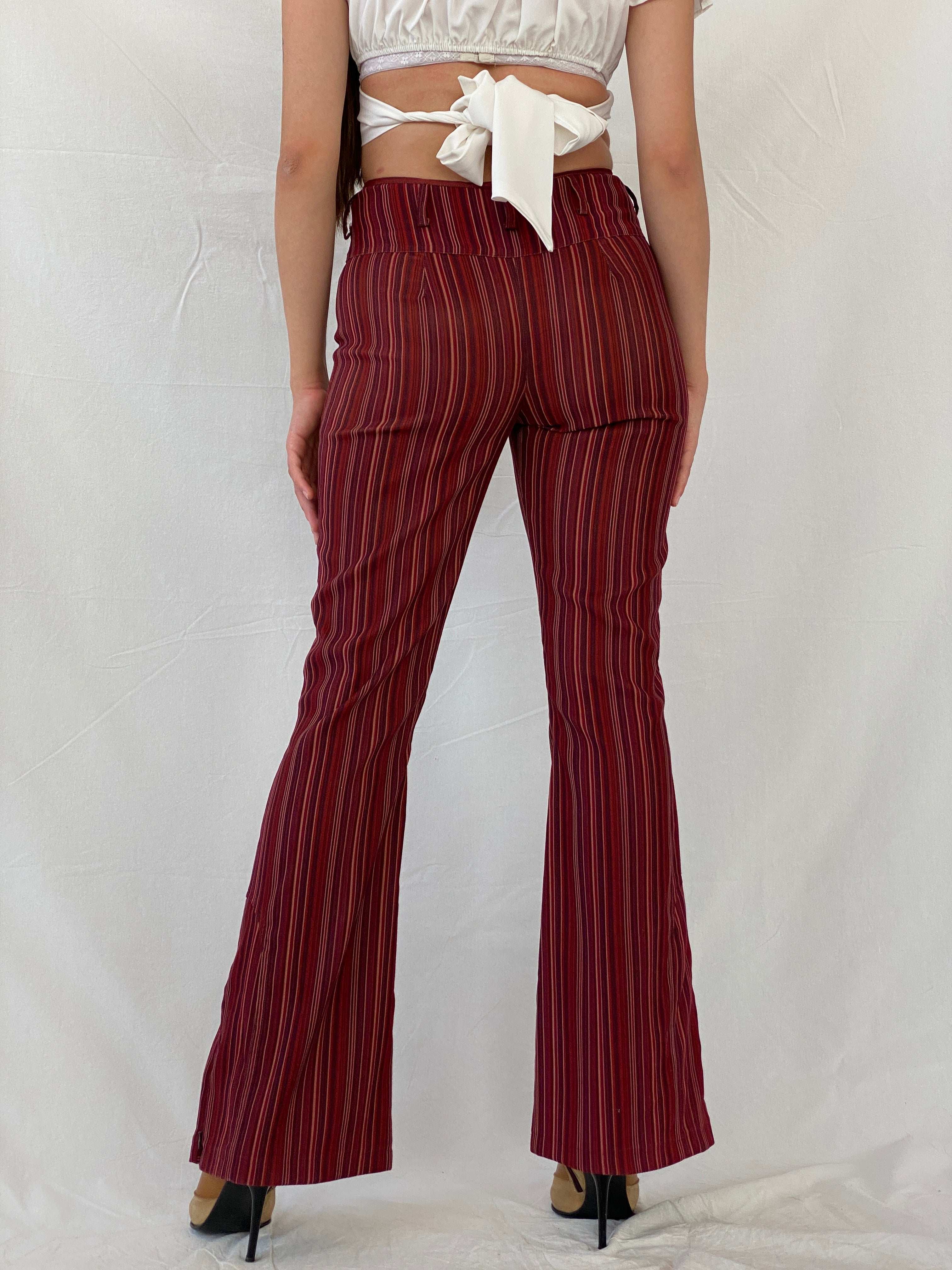 Y2K Striped Maroon Flared Leg High Waisted Pants - M