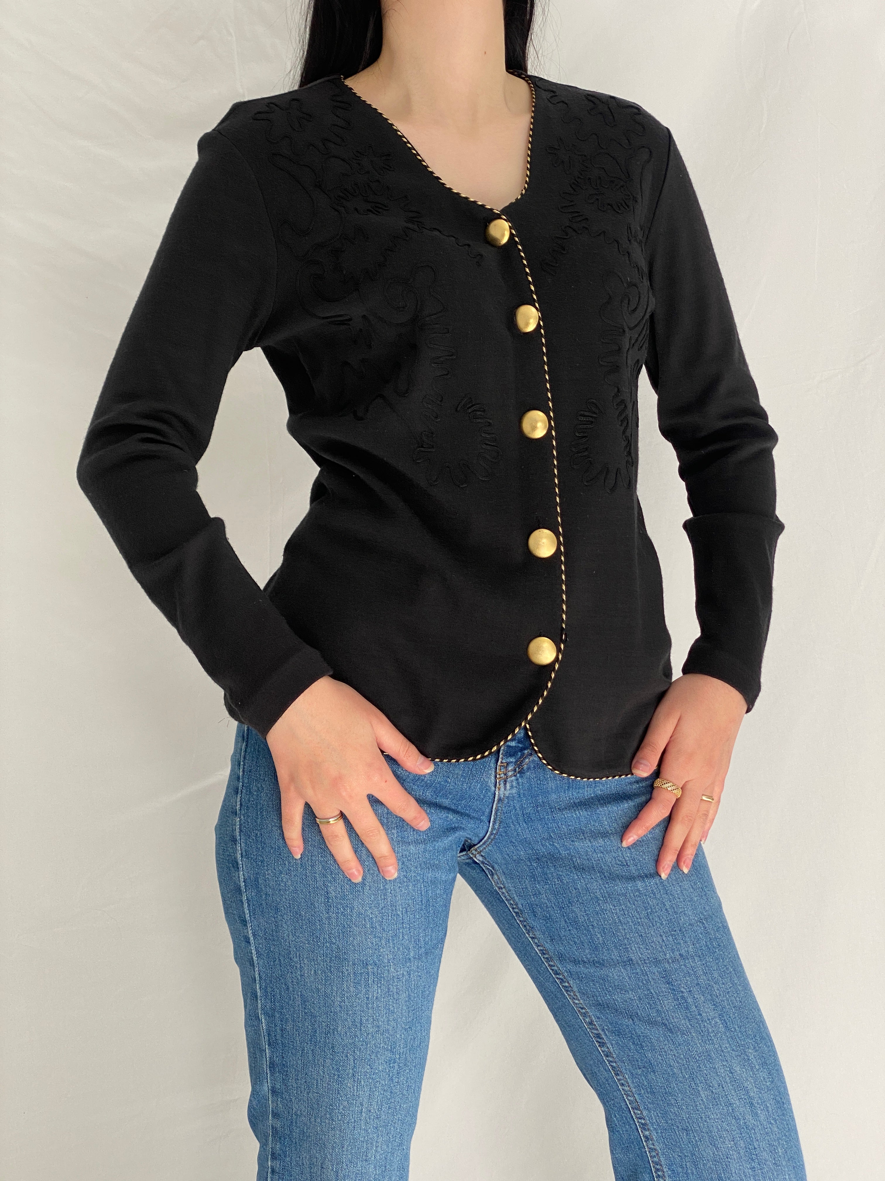 Vintage Liz Claiborne Embroidered Gold Button Black Cardigan - M