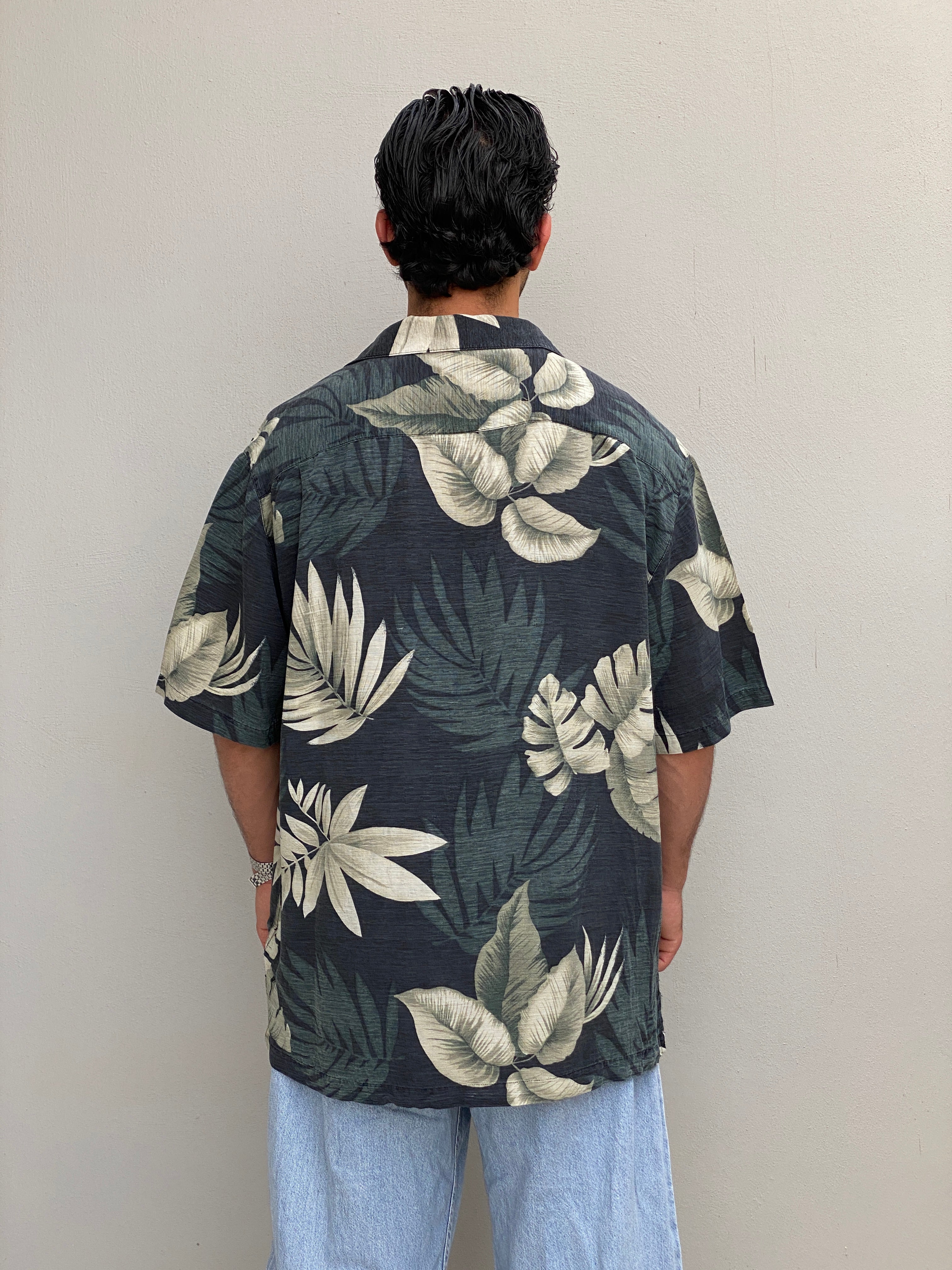 Vintage Havana Jacks Café Tropical Leaf Print Silk Hawaiian Shirt – XL