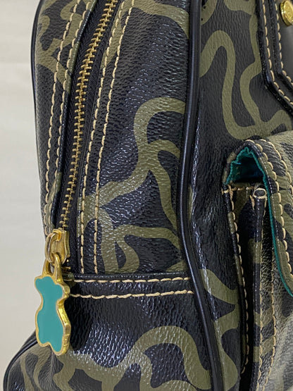 TOUS Kaos Monogram Satchel Bag Black Khaki Bear Logo Bowling Top Handle Purse