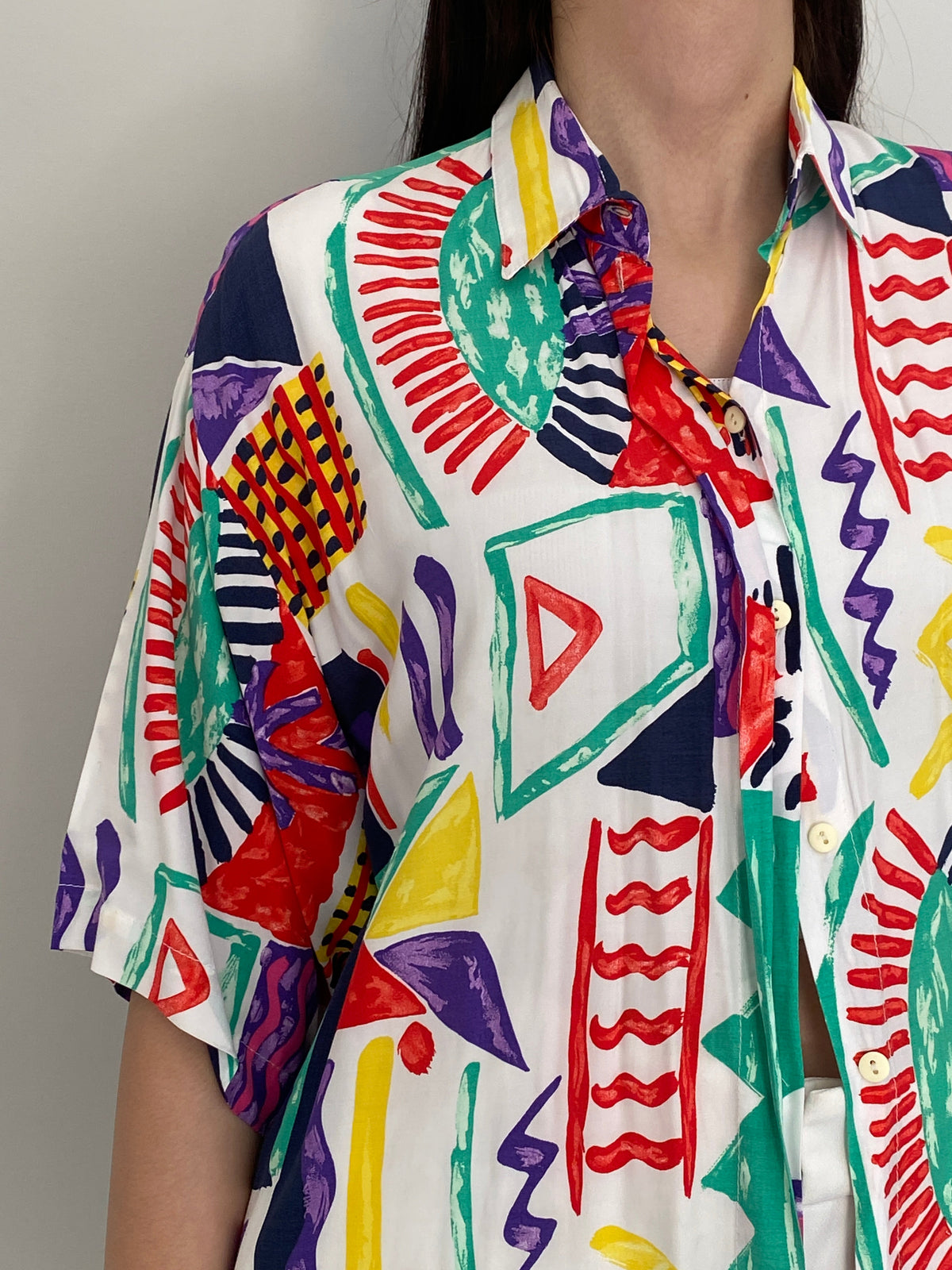 Vintage 90s Canda White Multicolor Abstract Art Print Oversized Shirt – XL