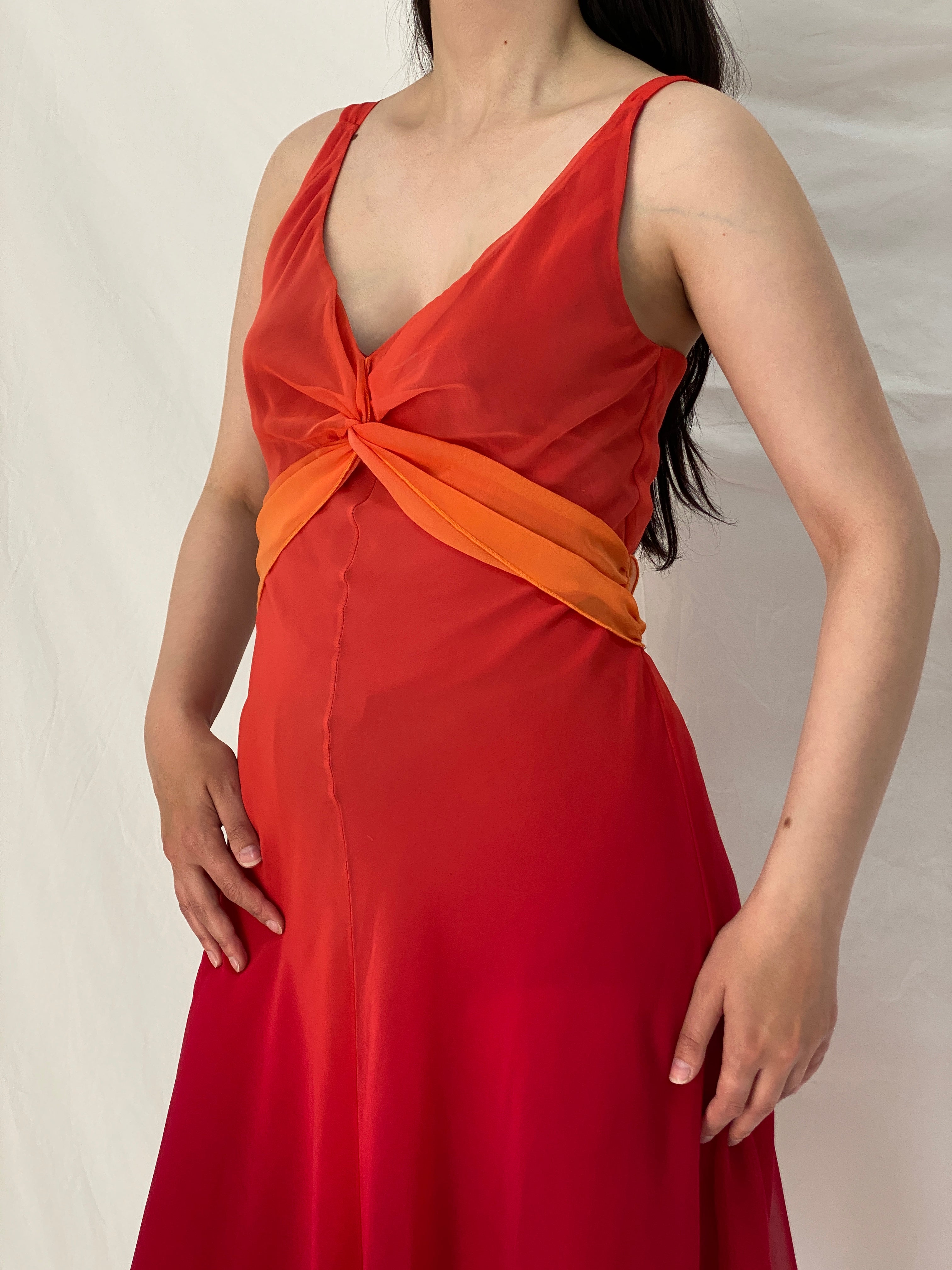 Vintage 90s BAY Red Orange Ombre Chiffon Midi Wedding Guest Dress M Vintage 90s BAY Red Orange Ombre Chiffon Midi Wedding Guest Dress M