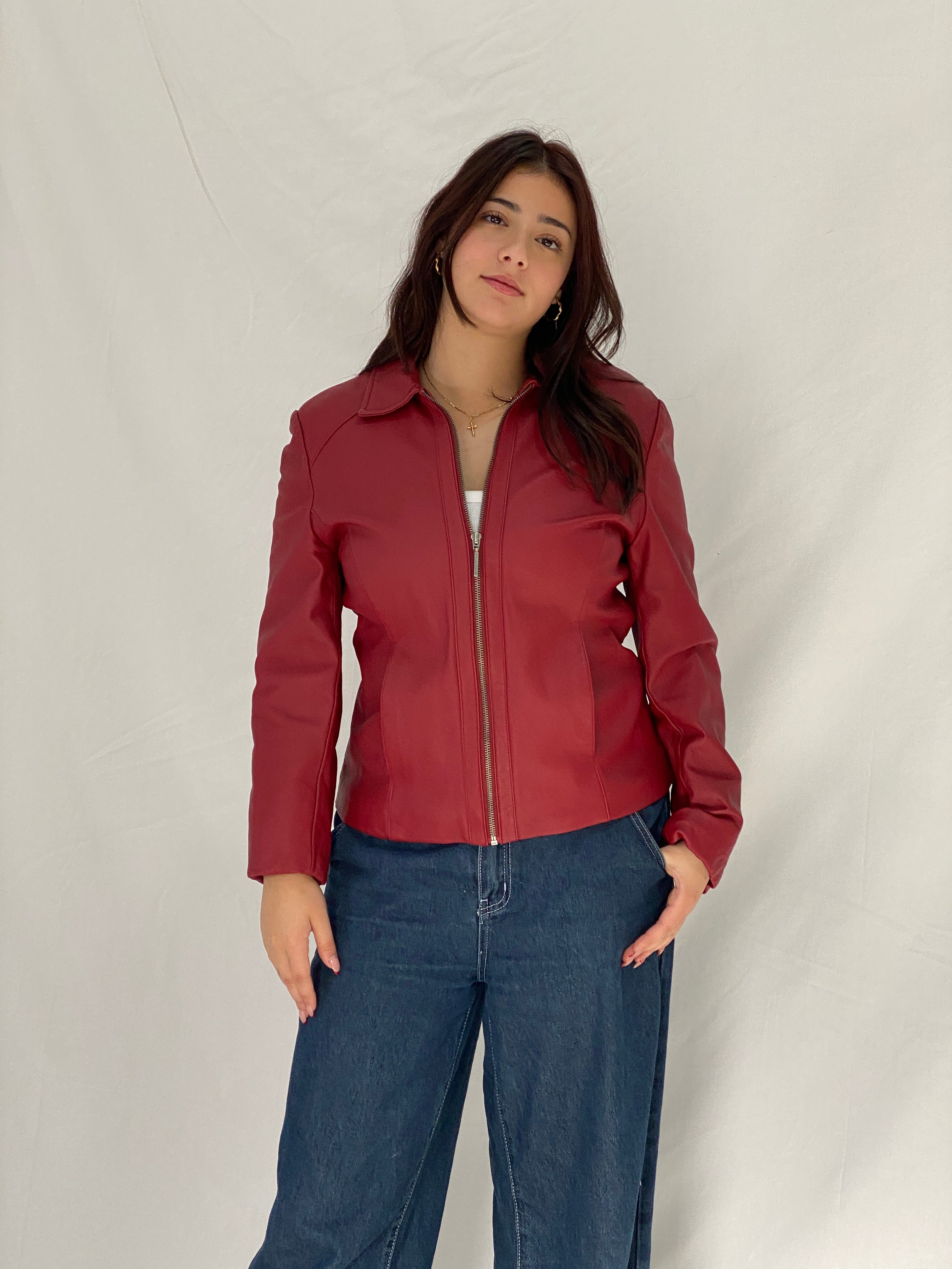Vintage Adler Collection Burgundy Genuine Leather Zip-Up Jacket Tailored Women’s Leather Jacket – L