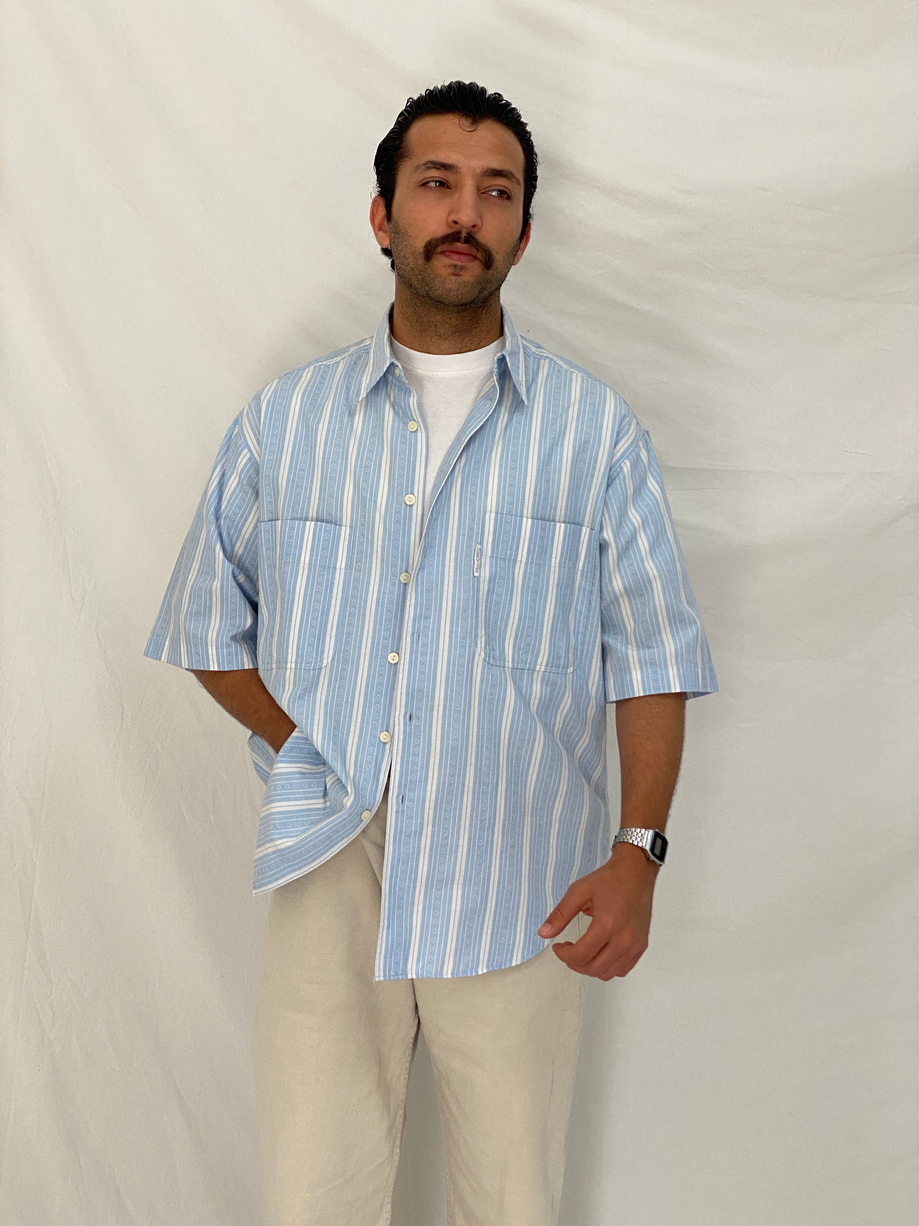 Vintage Levi’s Silver Label Blue Striped Short Sleeve Shirt Oversized 90s Minimal Button Up - L