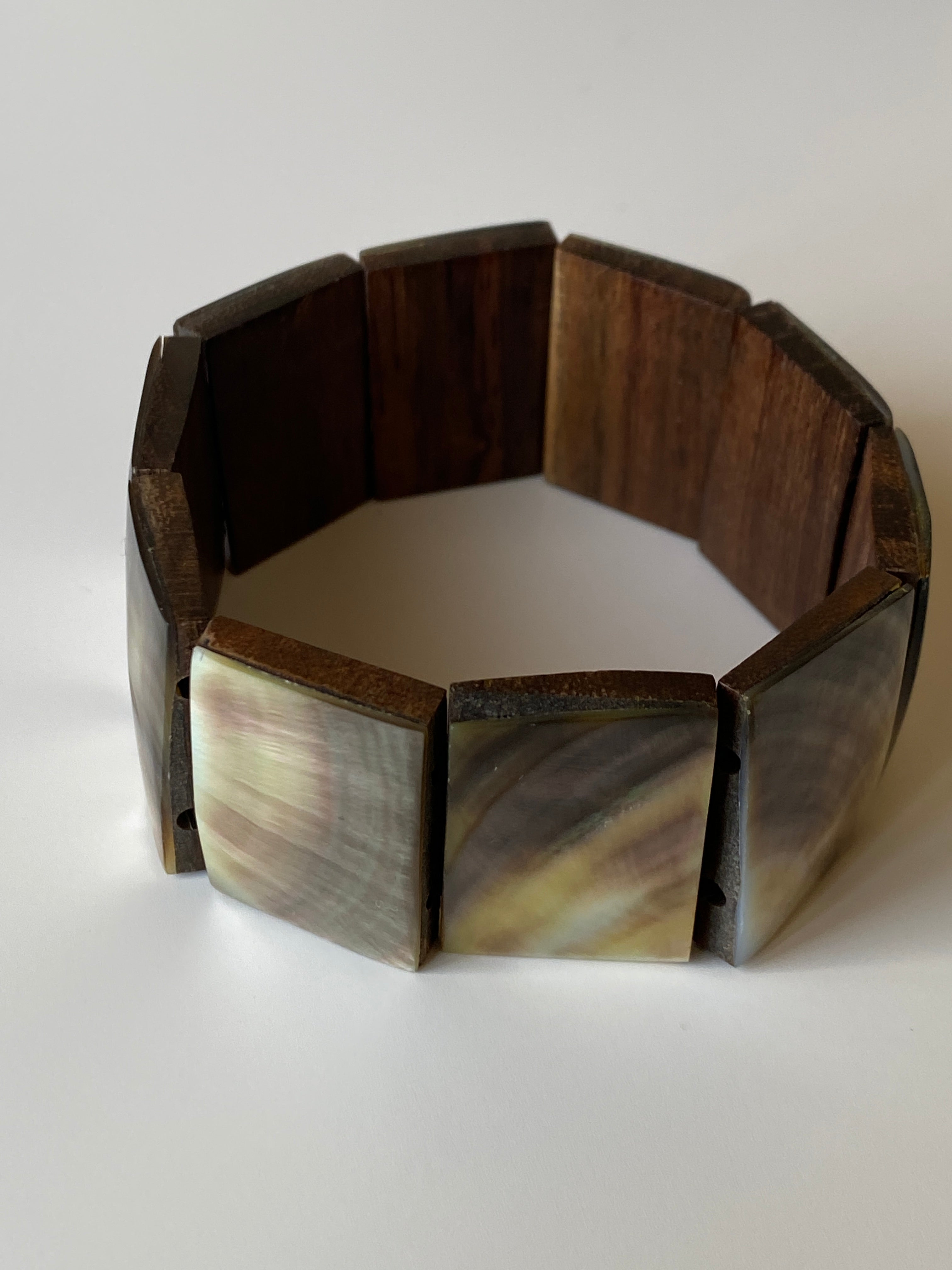 Vintage Mother of Pearl & Wood Elastic Bracelet Chunky Shell Panel Brown Bracelet