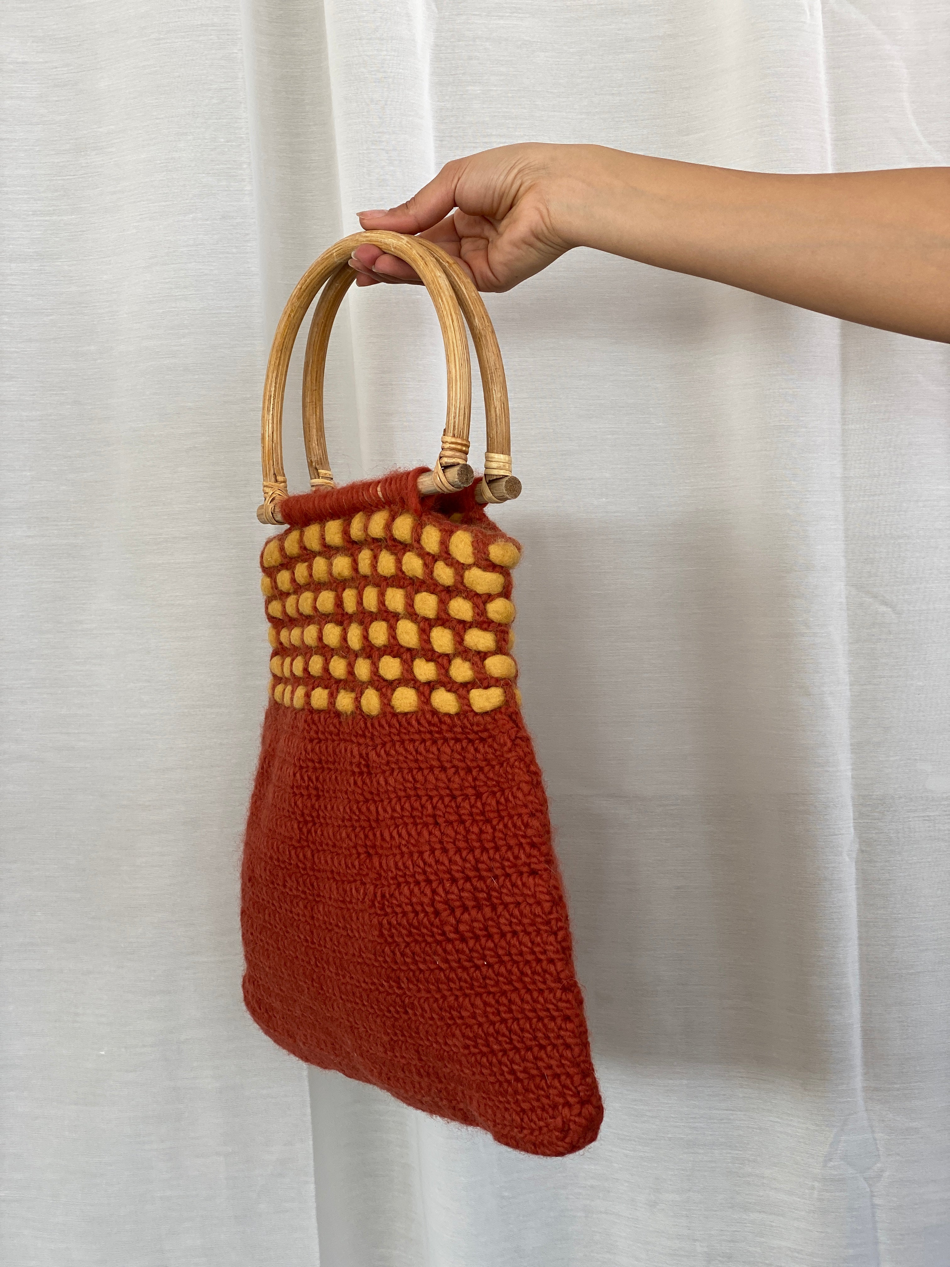 Vintage Orange Wool Crochet Wooden Handle Woven Beach Handbag