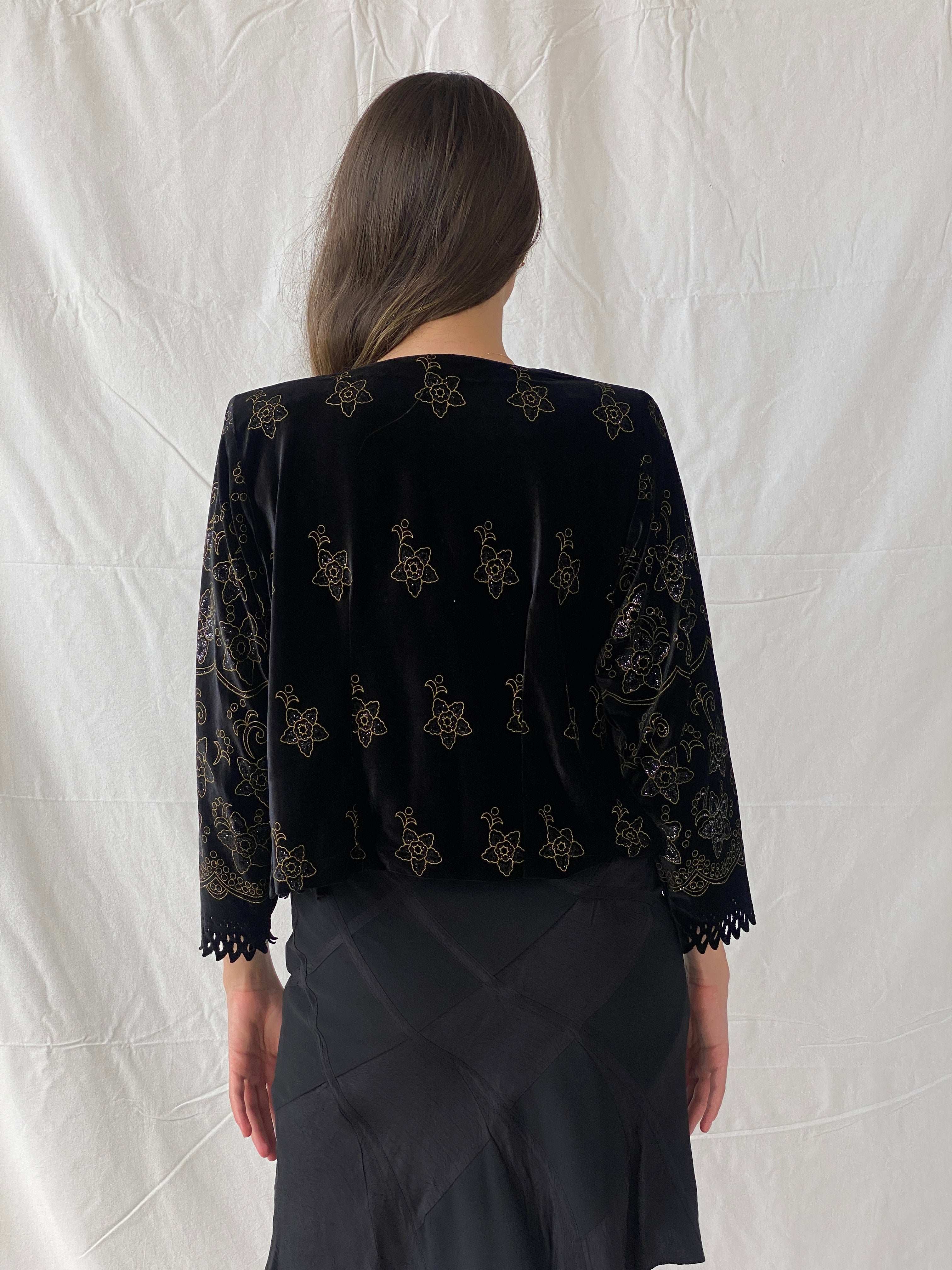 Vintage 80s/90s Black Velvet Button Front Cardigan With Gold Floral Details - M