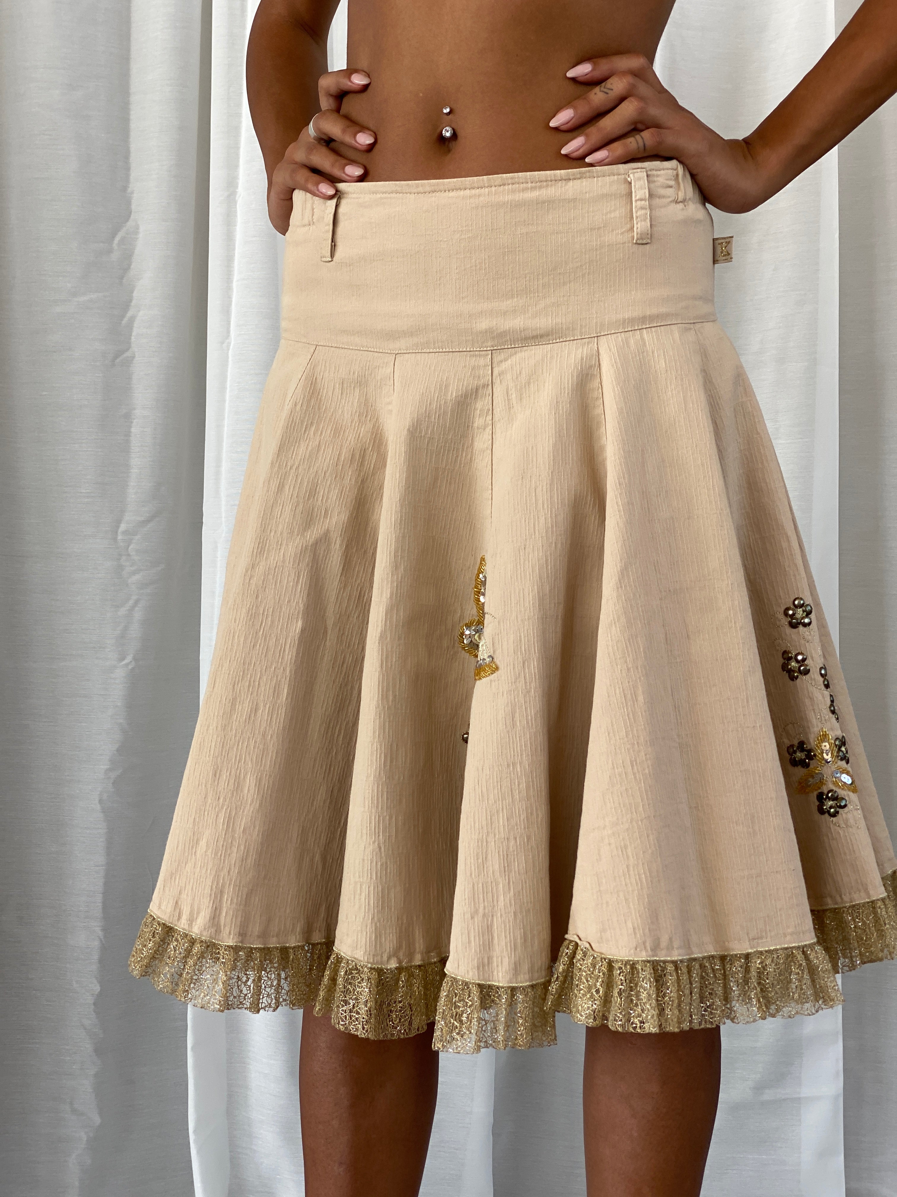 Vintage Y2K KS Embroidered Beige Midi Tulle Hem Skirt - XS