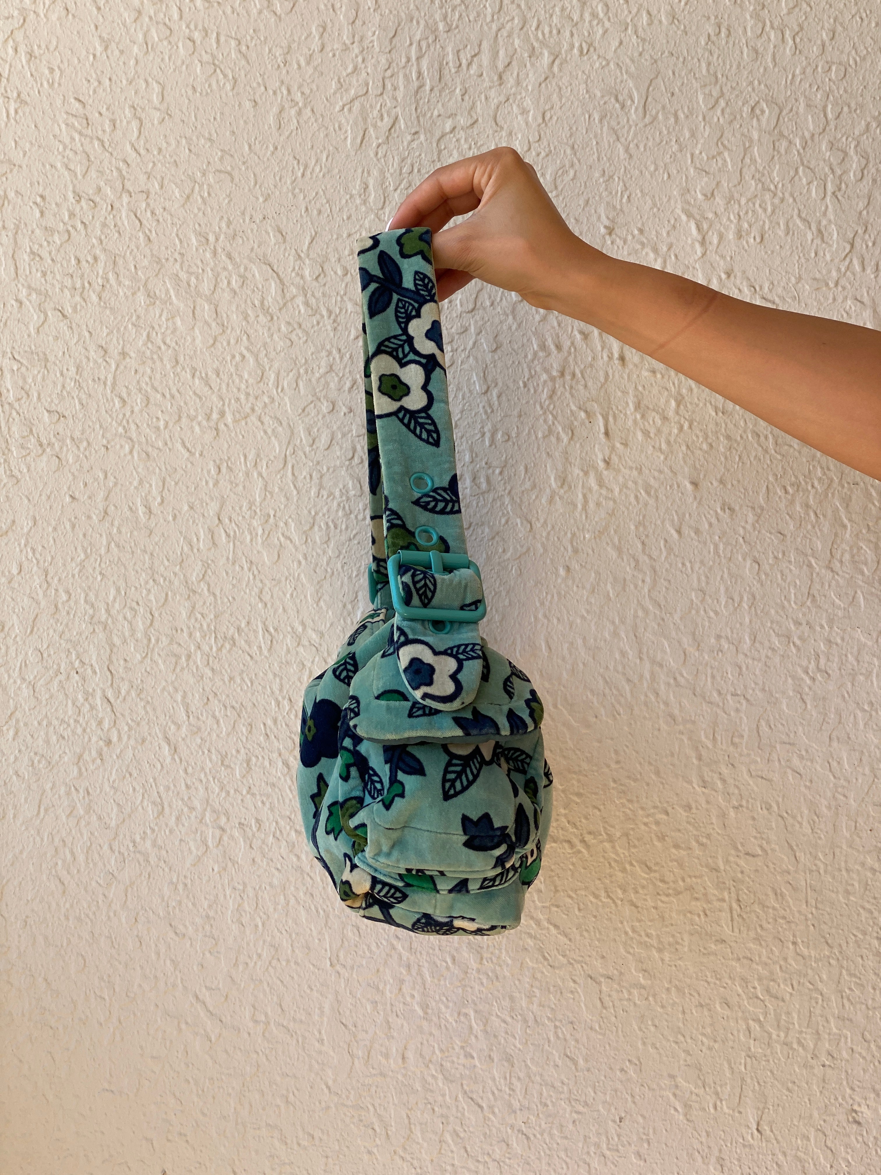 Vintage Y2K GAP Aqua Floral Velvet Shoulder Bag Soft Velour Baguette Purse