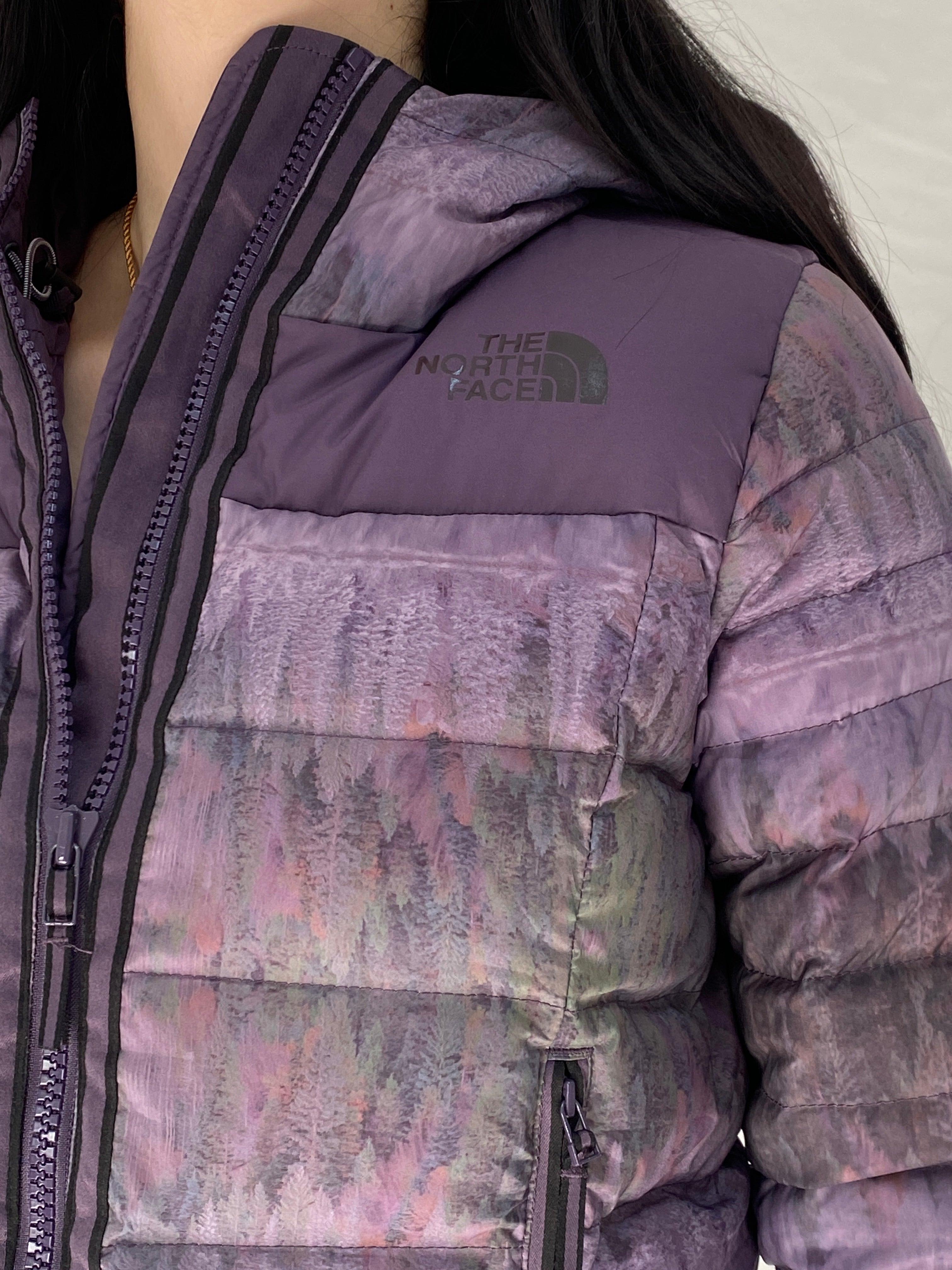 The North Face Purple Forest Print TNF Packable Fitted Puffer Jacket with Hood - M