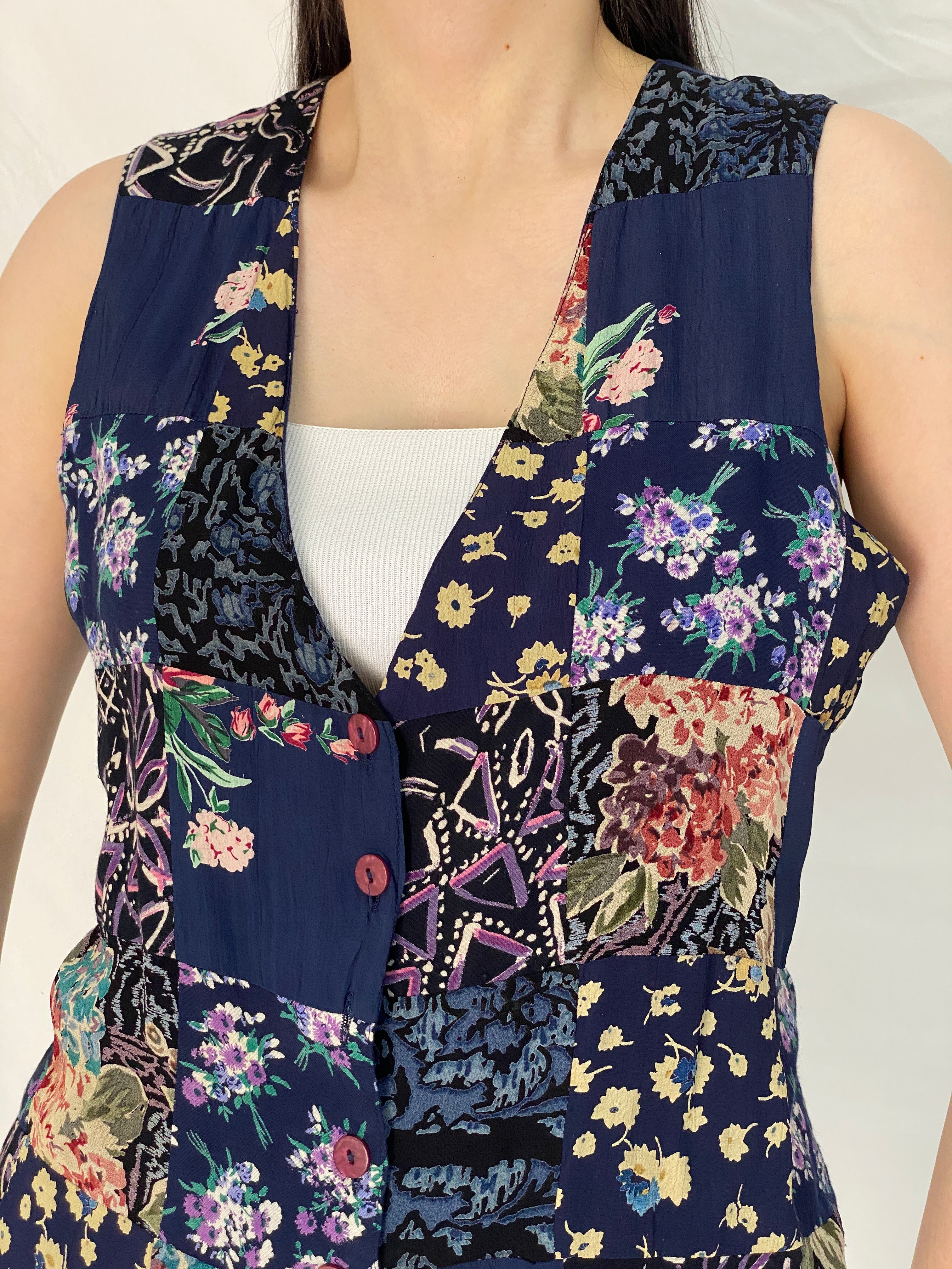Vintage 90s Amanda Smith Navy Floral Patchwork Rayon Vest – L