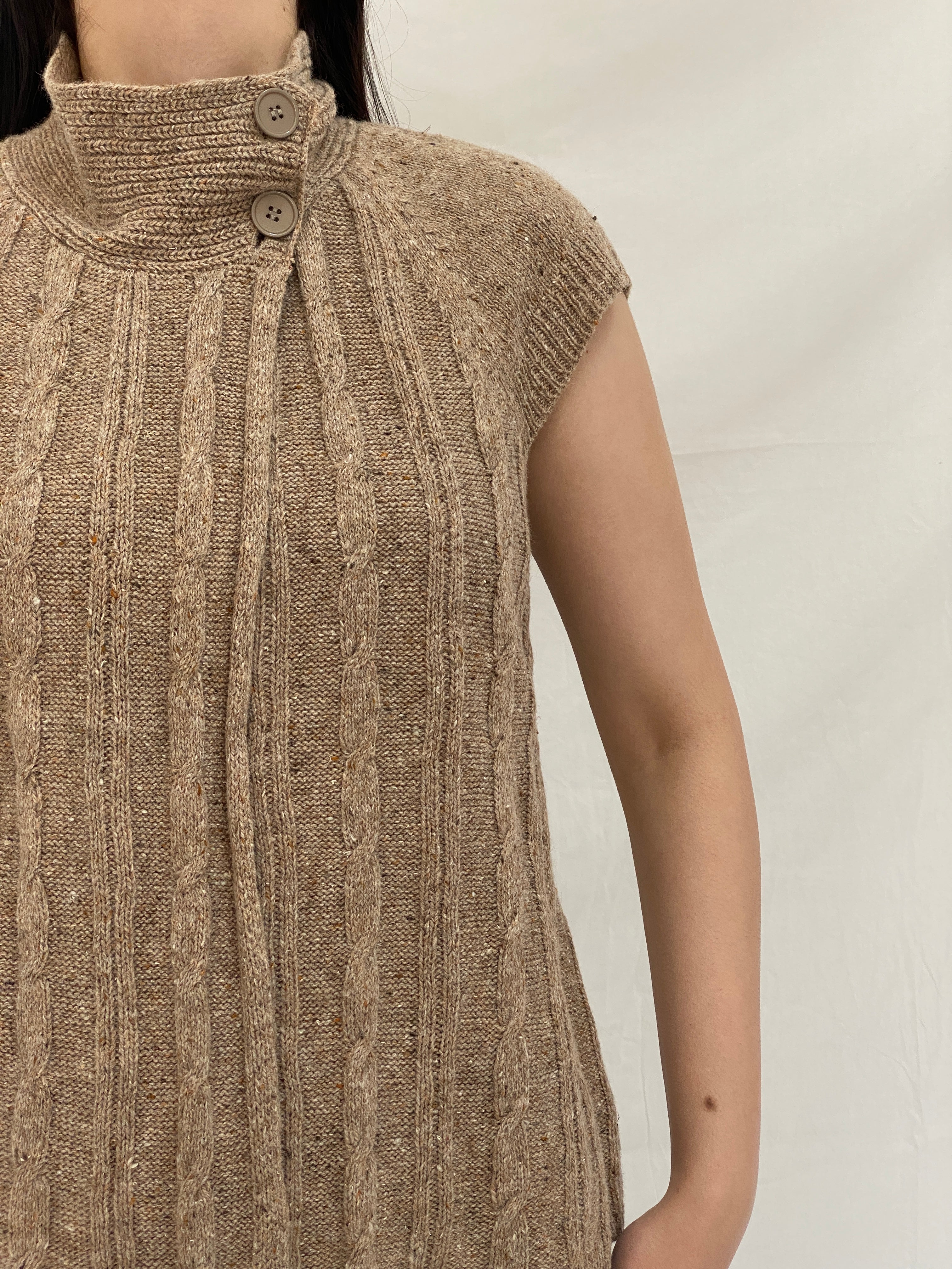 Vintage 90s JW Beige Wool Blend Cable Knit Sleeveless Turtleneck Sweater Vest - Size M