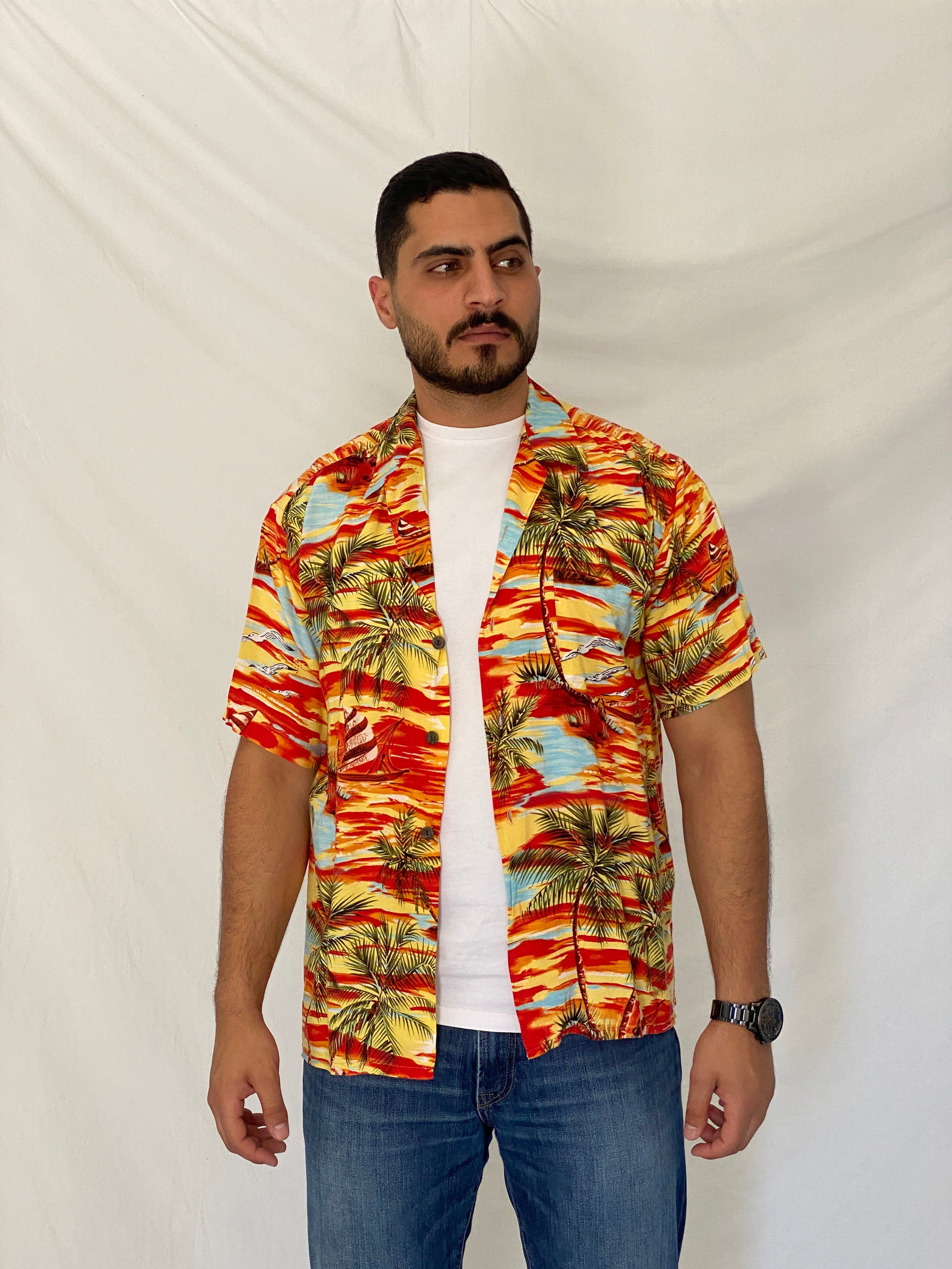 Vintage Ocean Current Originals Tropical Sunset Hawaiian Rayon Shirt - L