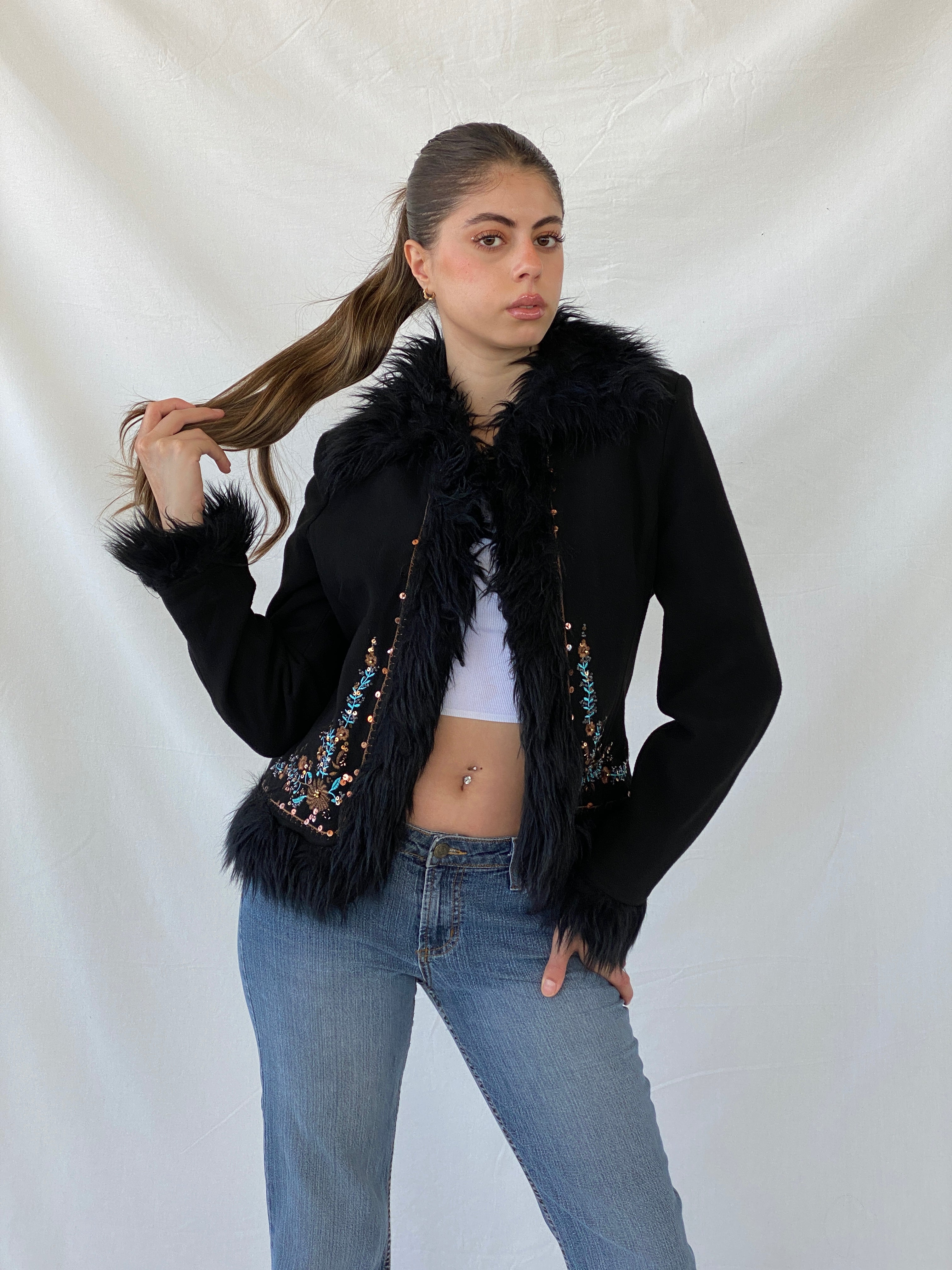 Vintage Favori Sequin Embroidered Faux Fur Afghan Black Jacket - M