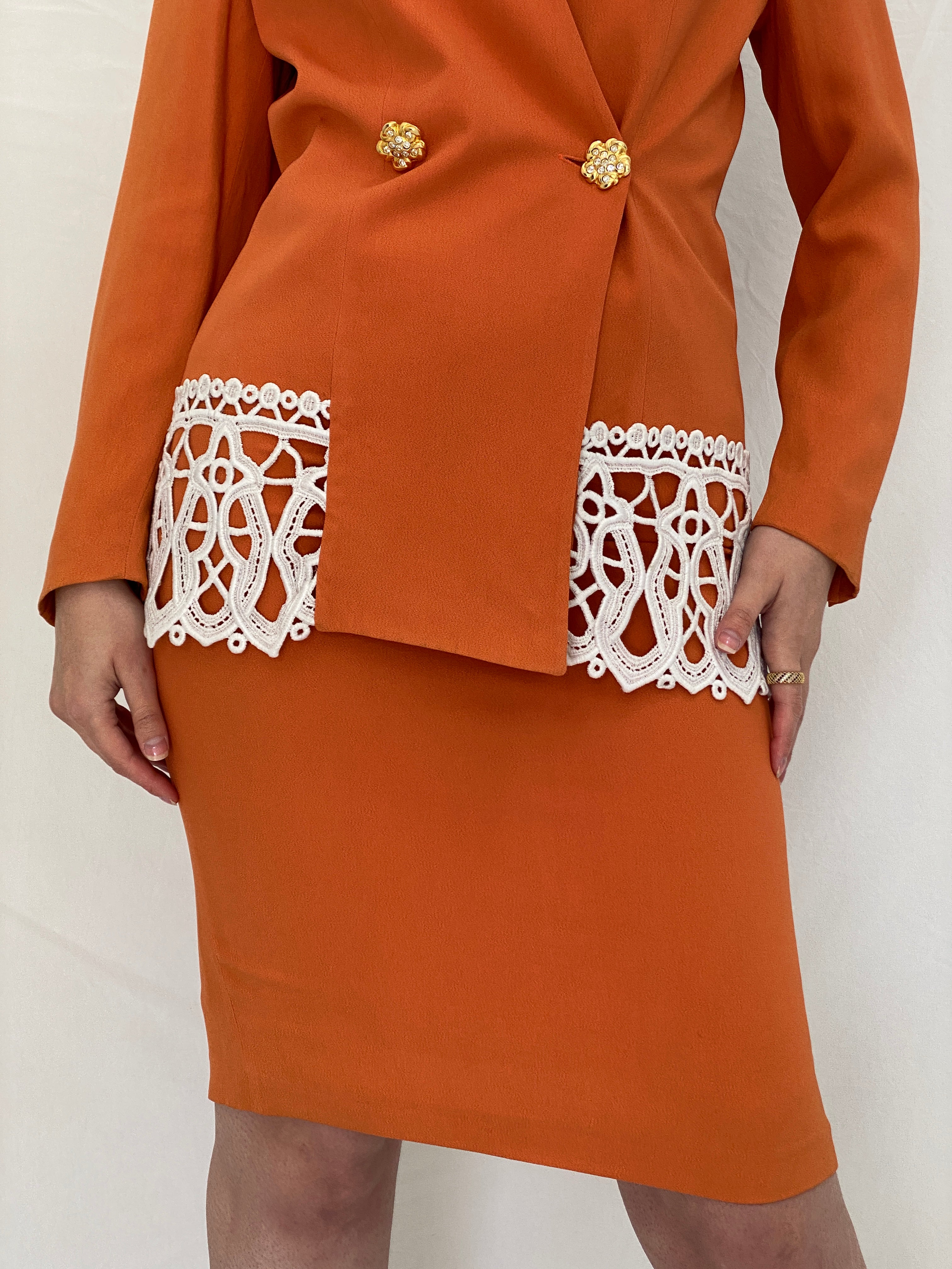Statement Vintage Luigi Bruno Italian Orange Skirt Suit Set Tailored Blazer & Pencil Skirt - S