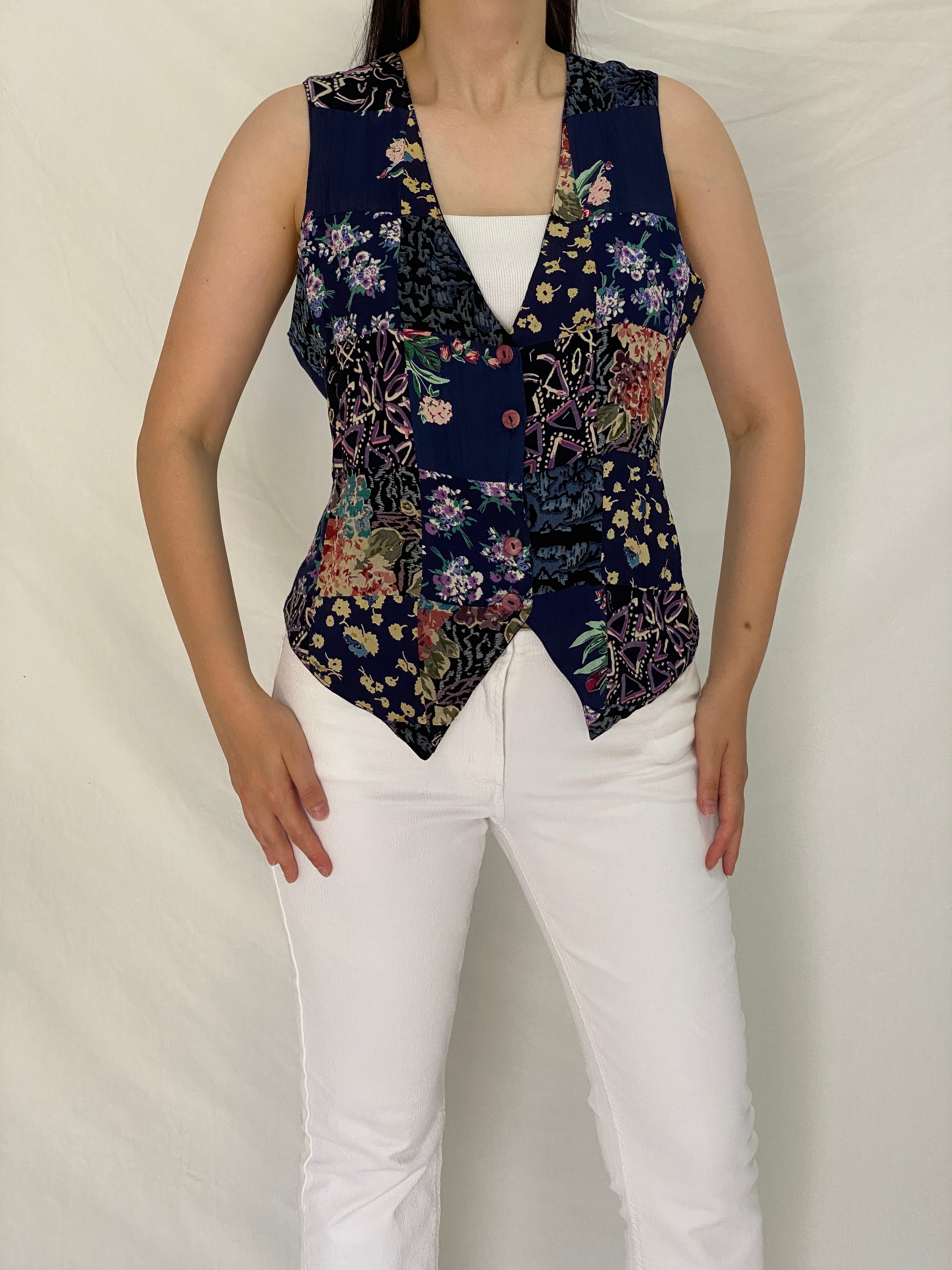 Vintage 90s Amanda Smith Navy Floral Patchwork Rayon Vest – L