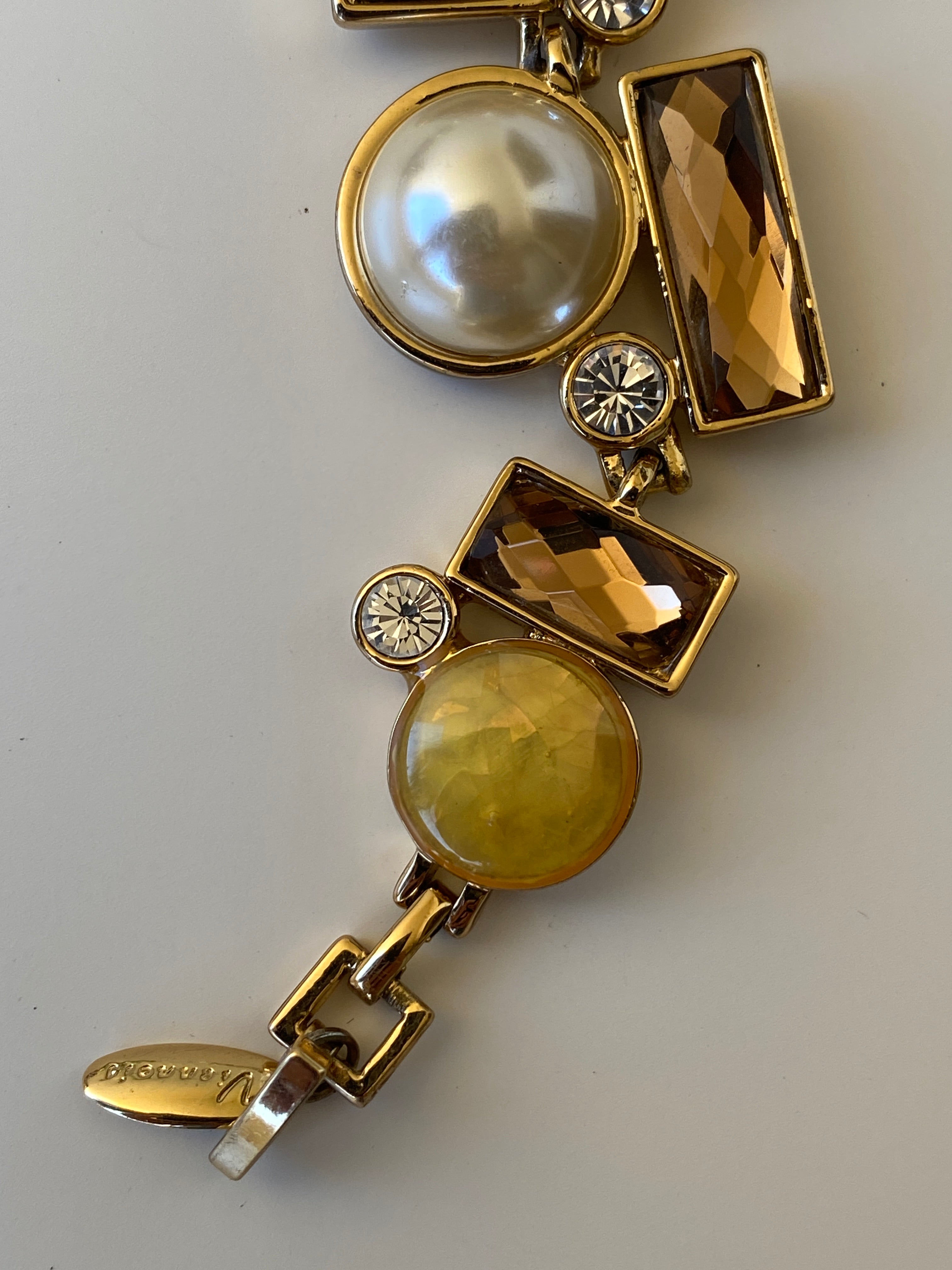 Viannois Geometric Pearl & Crystal Gold Tone Statement Link Bracelet
