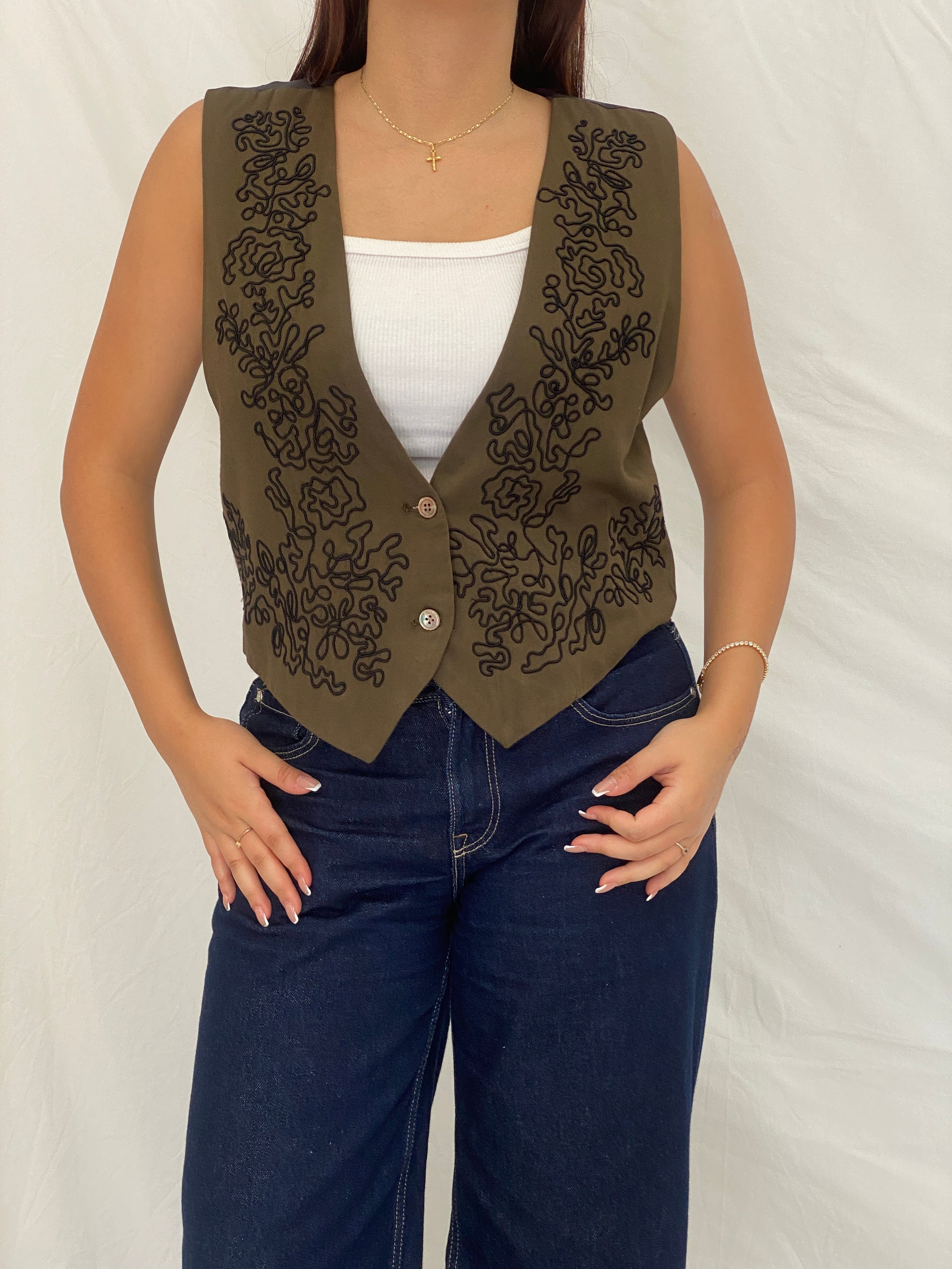 Vintage 90s Banana Republic Olive Embroidered Rayon Vest – L