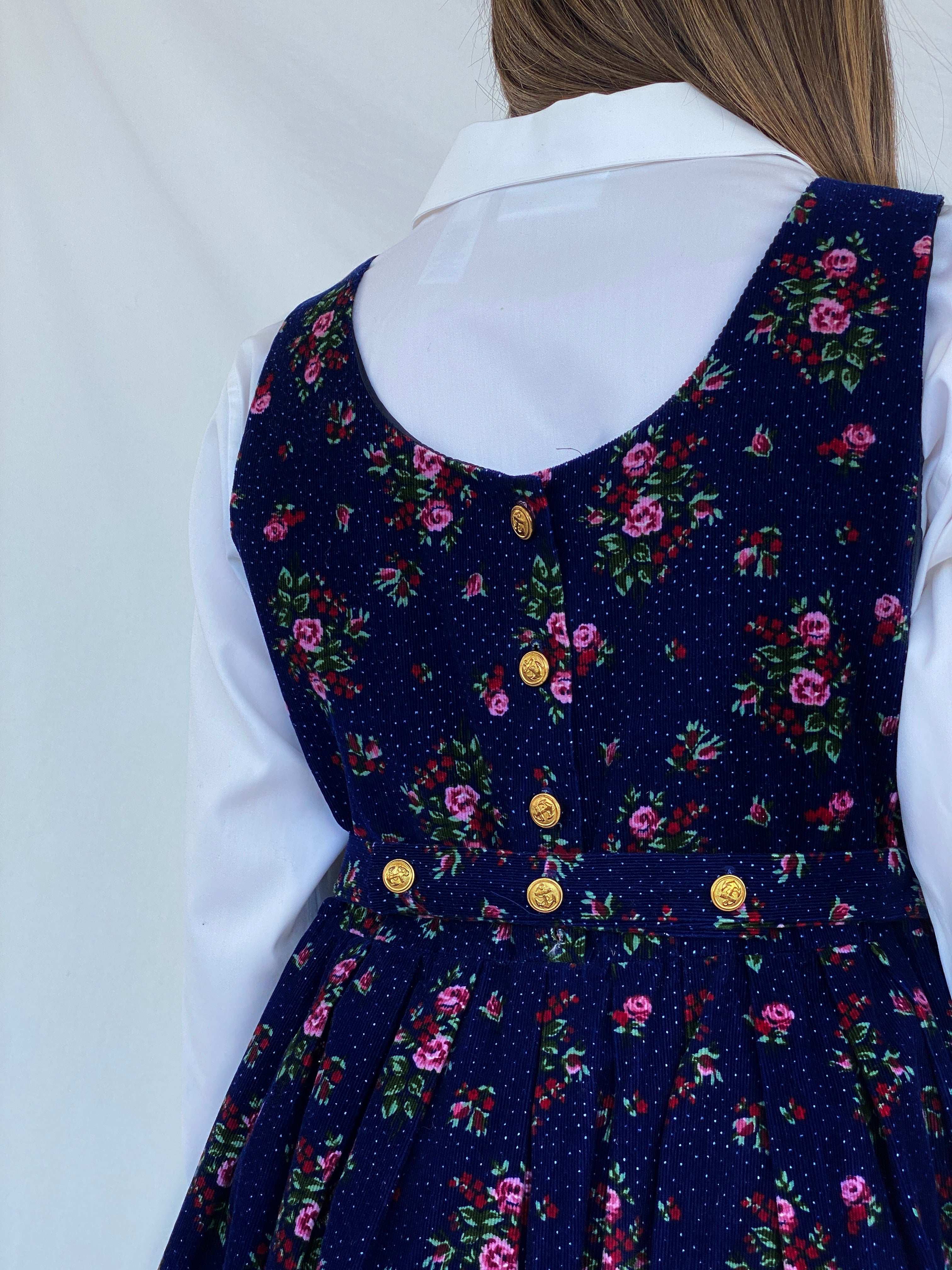 Vintage Pomponi Floral Navy Corduroy Dress Size L - Balagan Vintage Mini Dress 90s, corduroy, dress, floral, floral dress, floral print, Juana, maxi dress, NEW IN