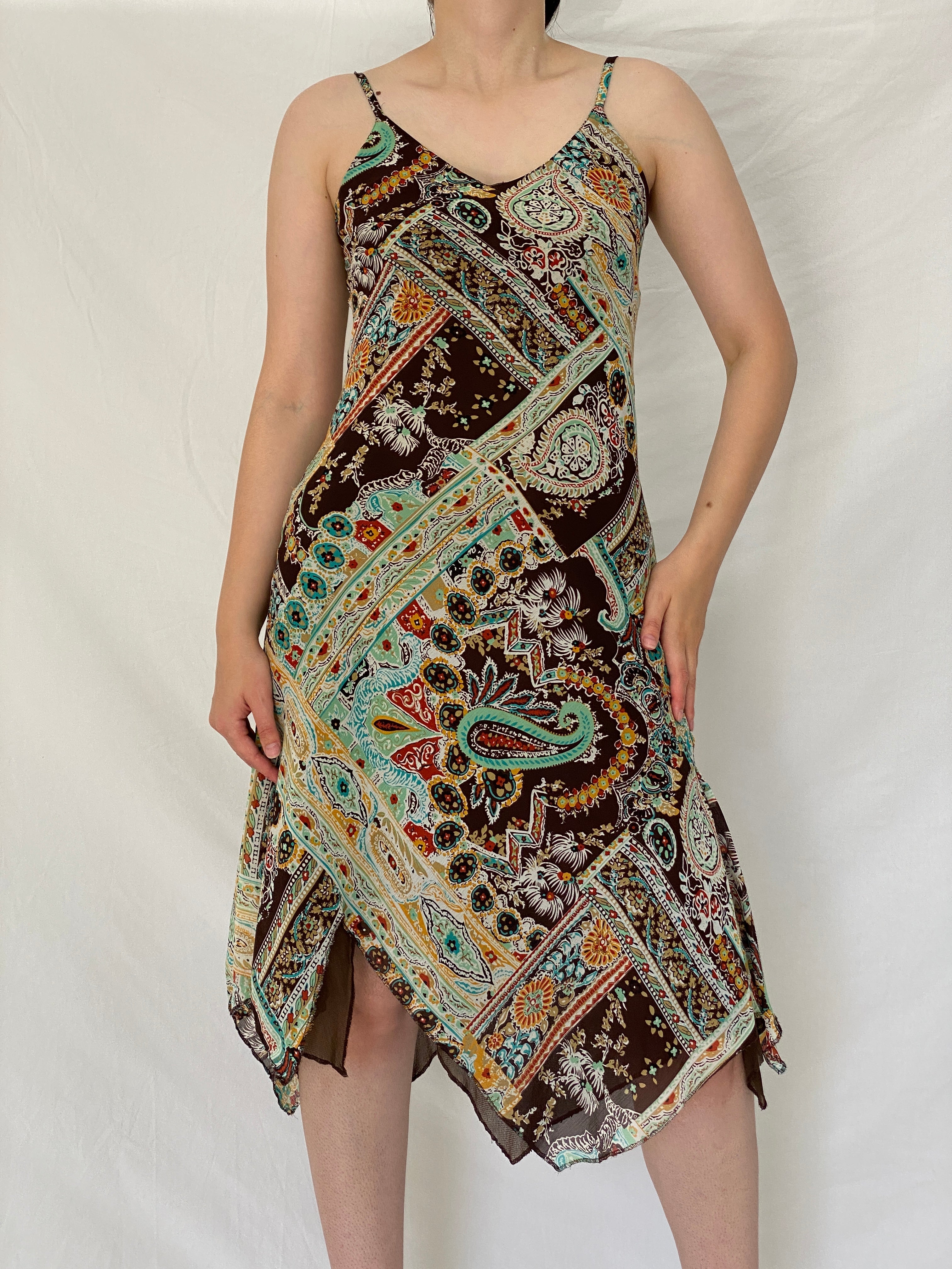 Vintage Y2K La City Brown Paisley Handkerchief Hem Slip Dress - S