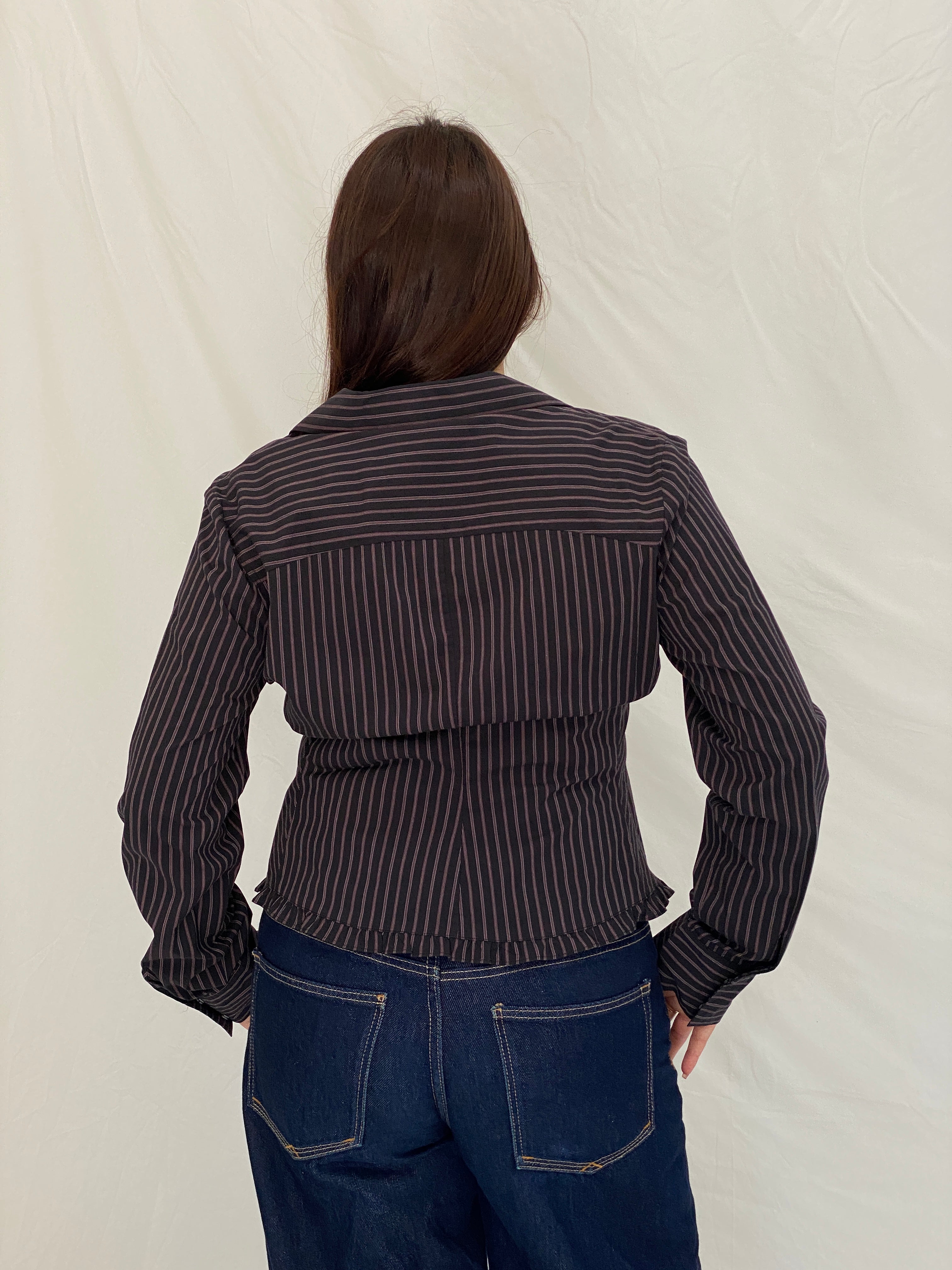 Vintage Y2K RW & Co. Black Pink Pinstripe Ruched Ruffle Zip-Up Blouse - XL