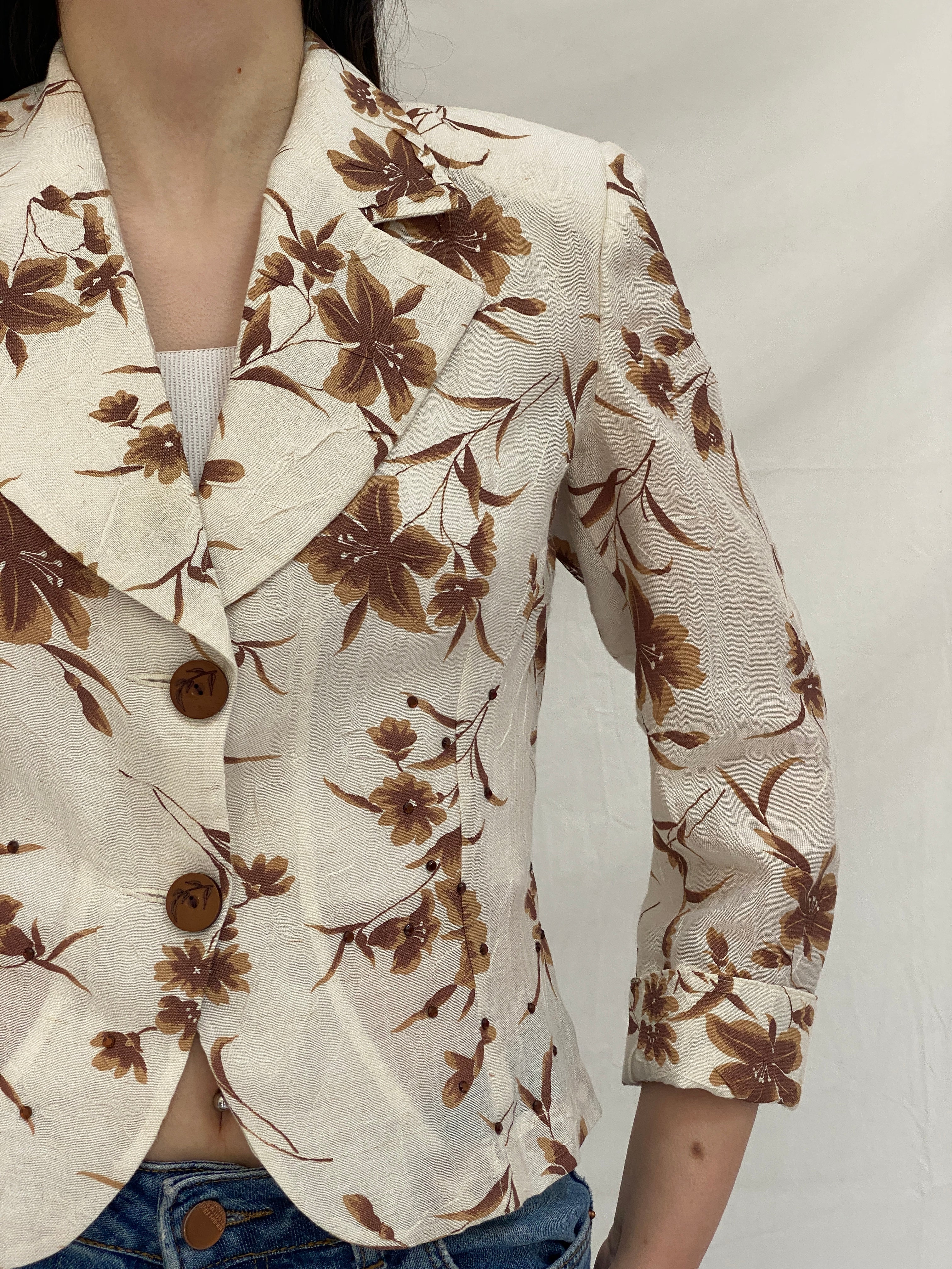 Vintage 90s Sinyor Cream Brown Floral Cropped Blazer - M