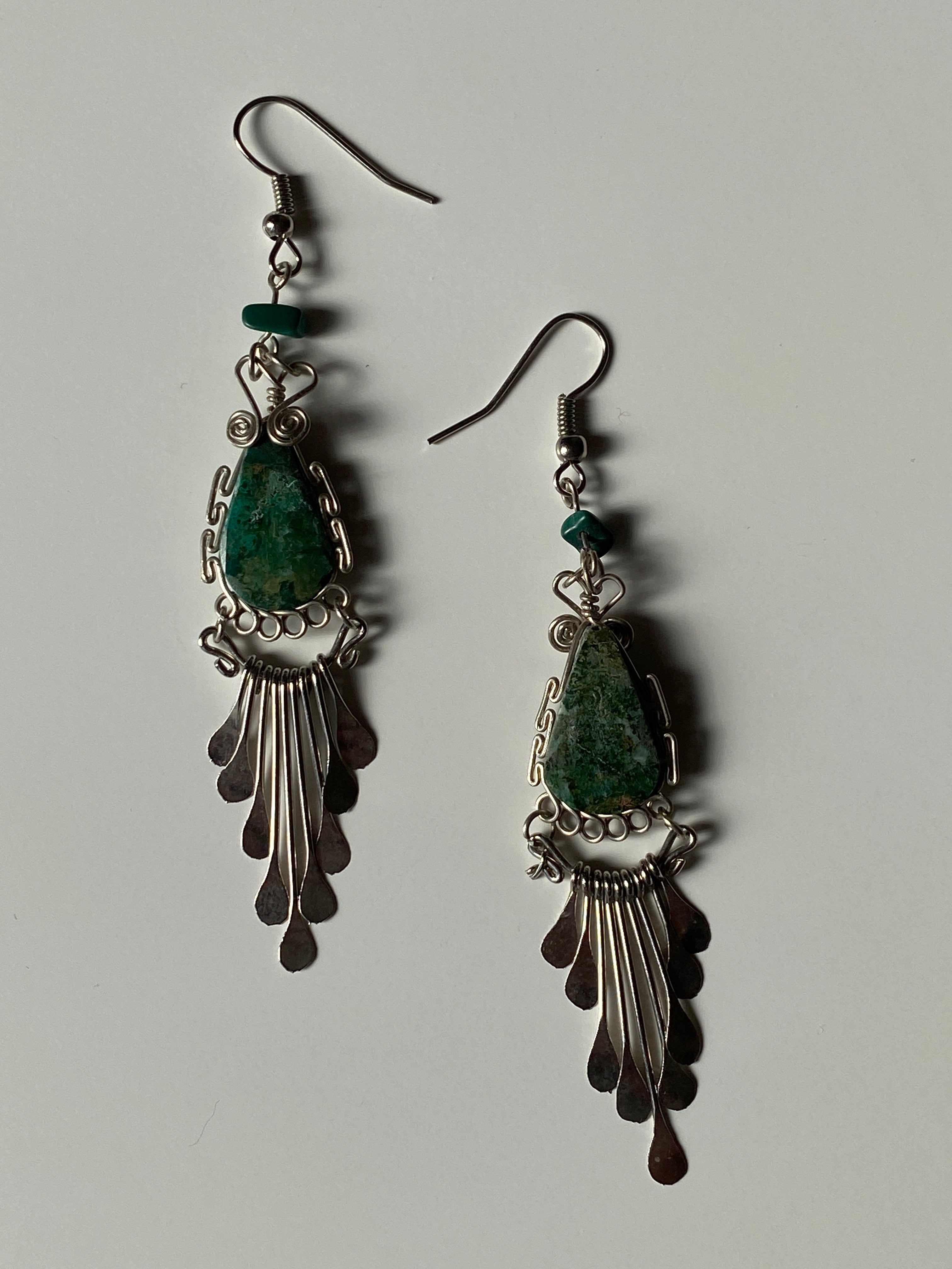 Artisan Wire-Wrapped Stone Drop Earrings – Green Turquoise-Tone with Silver Fringe Dangles