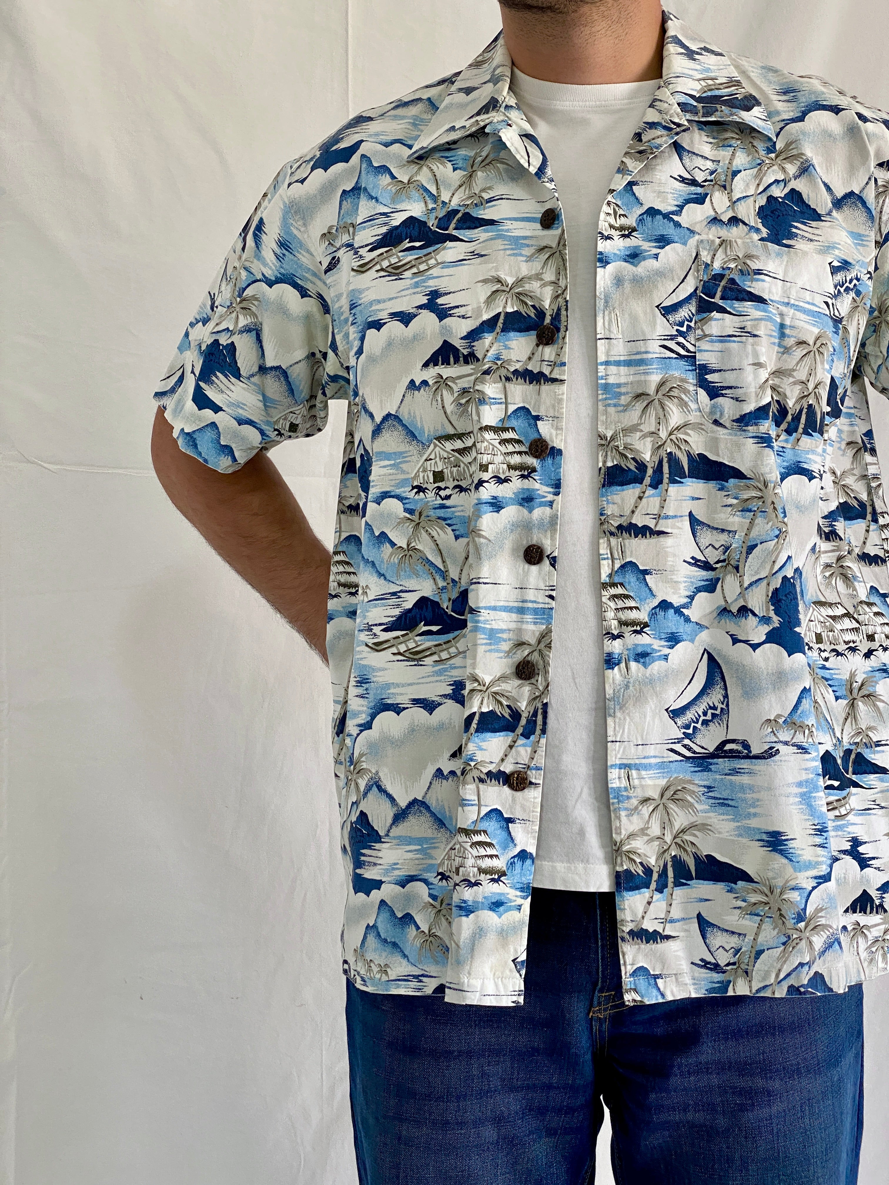 Vintage CHEROKEE Cotton Tropical Blue Island Men’s Hawaiian Shirt - L
