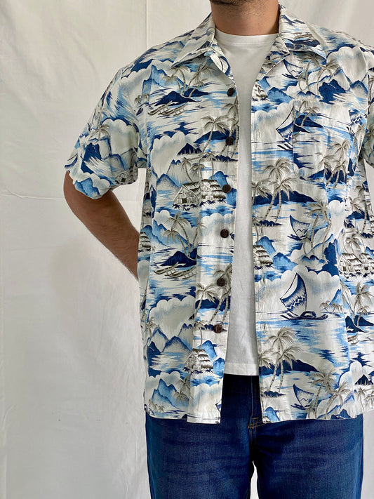 Vintage CHEROKEE Cotton Tropical Blue Island Men’s Hawaiian Shirt - L